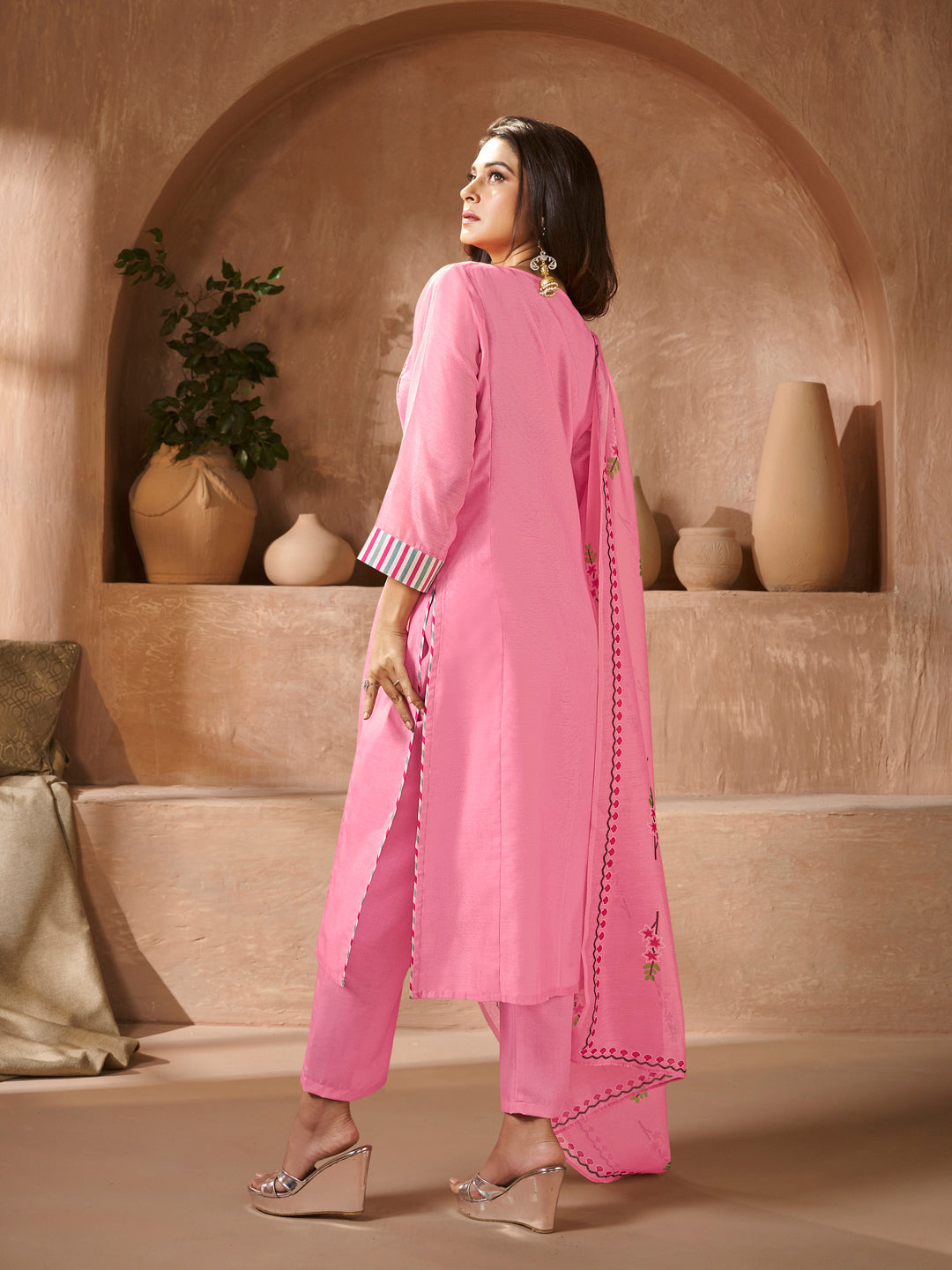 Bhama Couture Elegant Peach Floral Embroidery Straight Kurta Set With Printed Dupatta For Women
