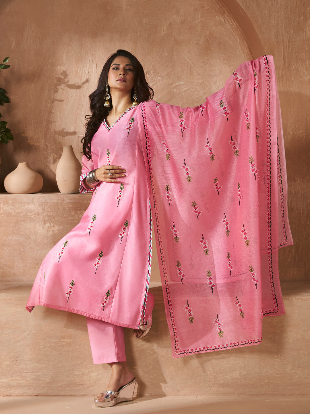 Bhama Couture Elegant Peach Floral Embroidery Straight Kurta Set With Printed Dupatta For Women