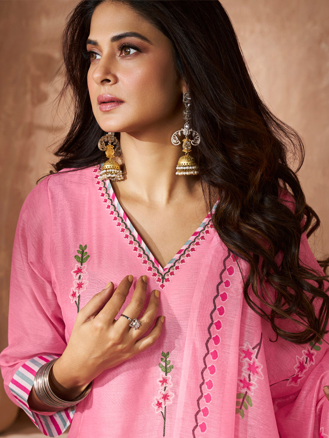 Bhama Couture Elegant Peach Floral Embroidery Straight Kurta Set With Printed Dupatta For Women