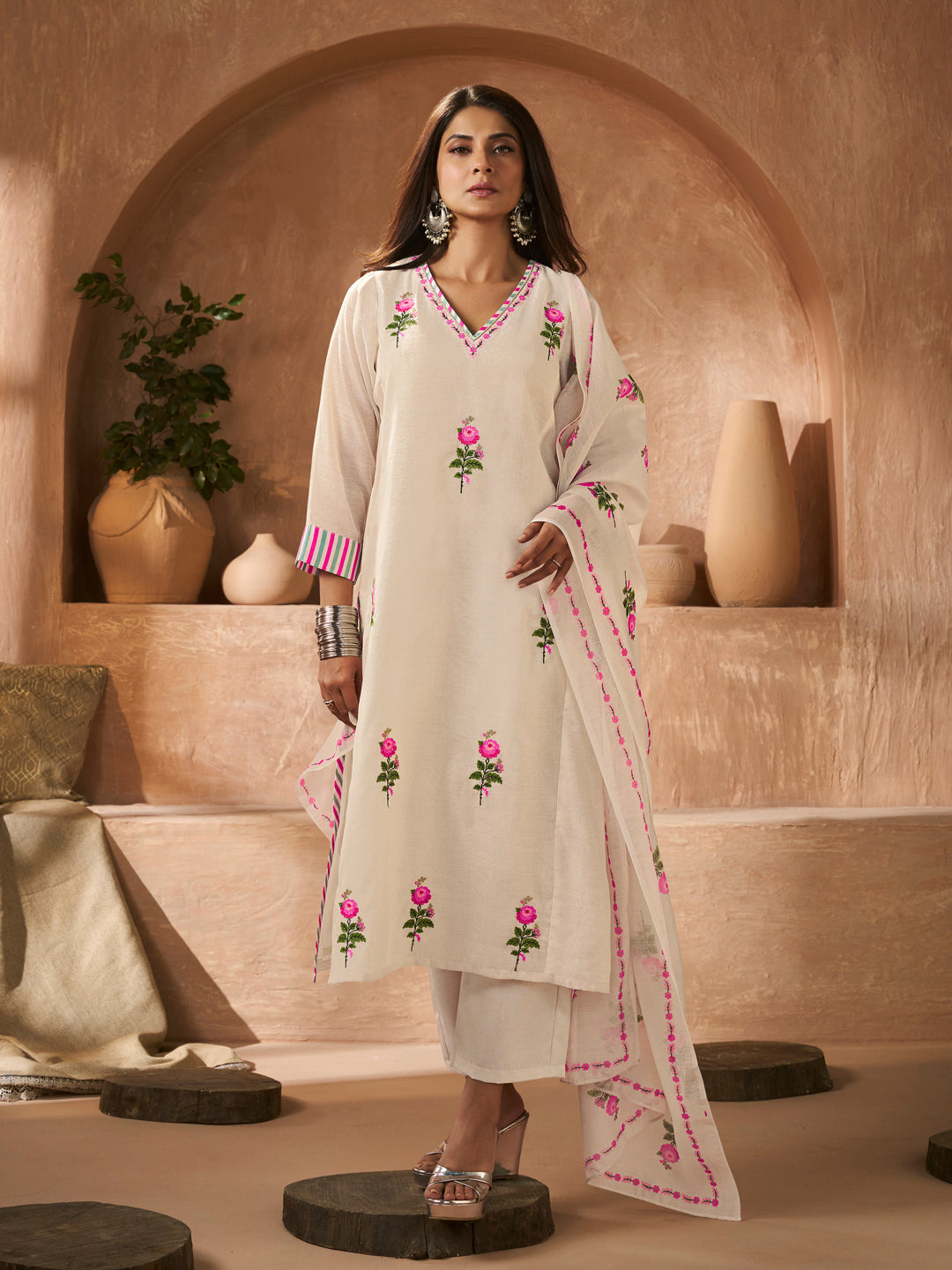 Bhama Couture Off White Rose Embroidery Straight Kurta Set with Printed Dupatta For Women