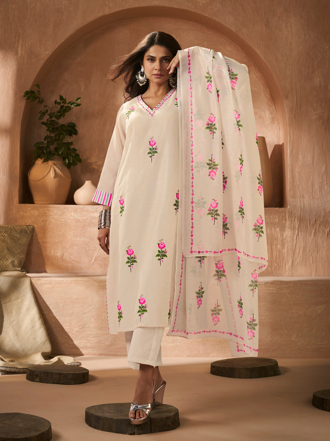Bhama Couture Off White Rose Embroidery Straight Kurta Set with Printed Dupatta For Women
