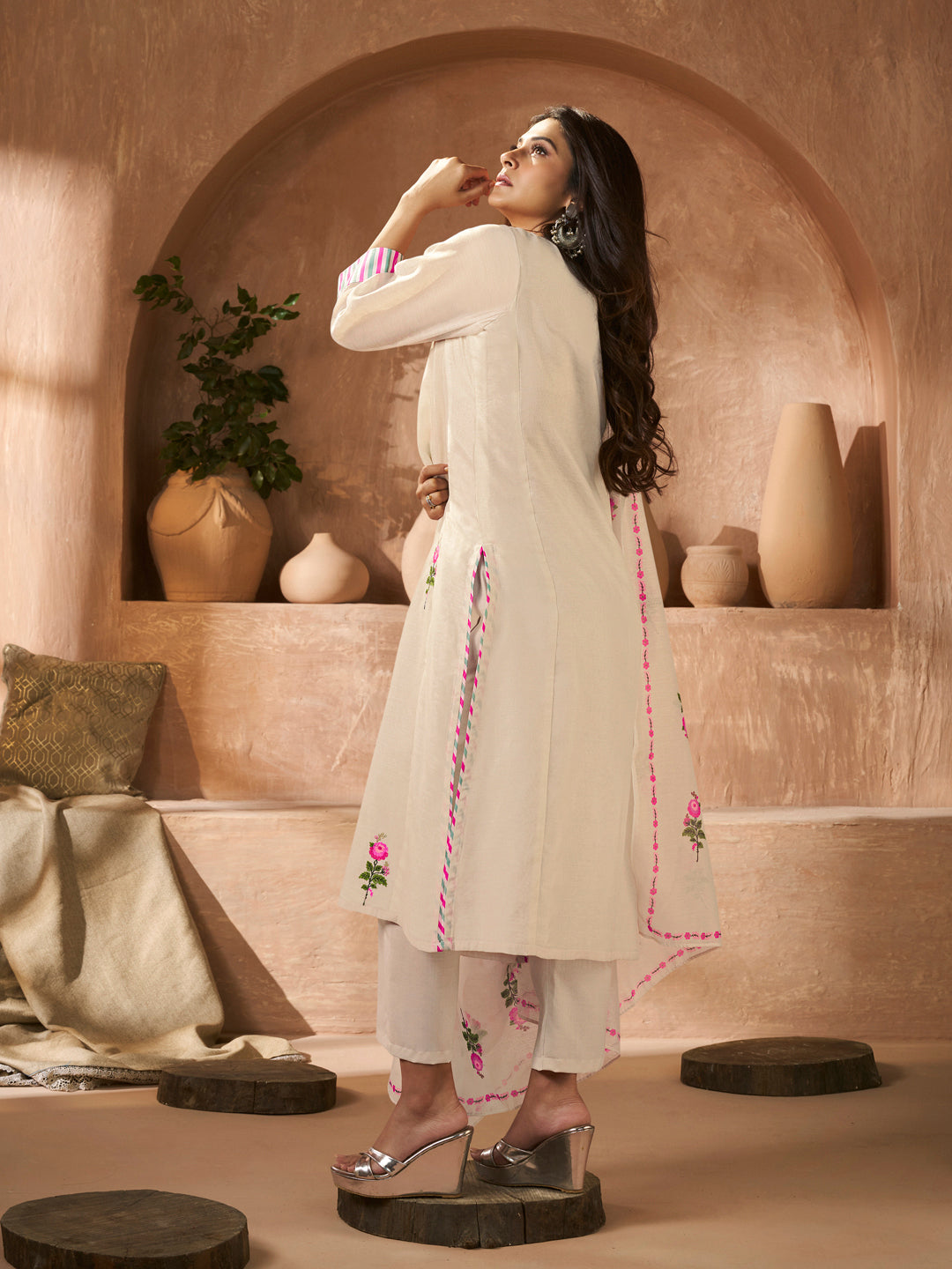 Bhama Couture Off White Rose Embroidery Straight Kurta Set with Printed Dupatta For Women