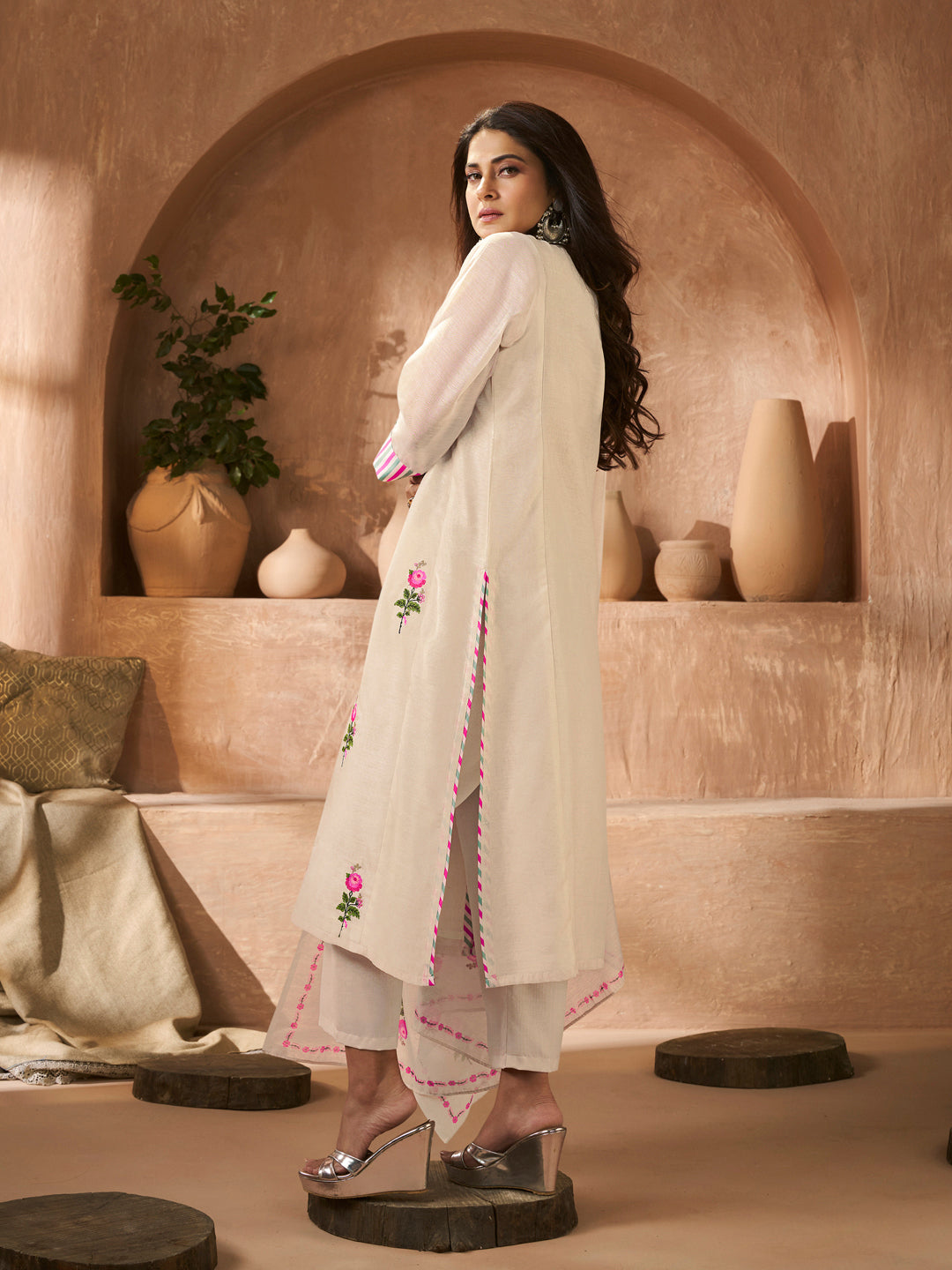 Bhama Couture Off White Rose Embroidery Straight Kurta Set with Printed Dupatta For Women