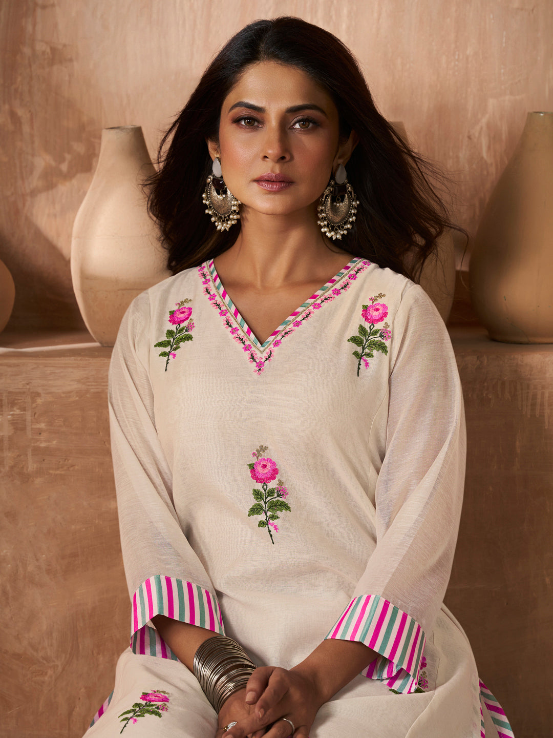 Bhama Couture Off White Rose Embroidery Straight Kurta Set with Printed Dupatta For Women