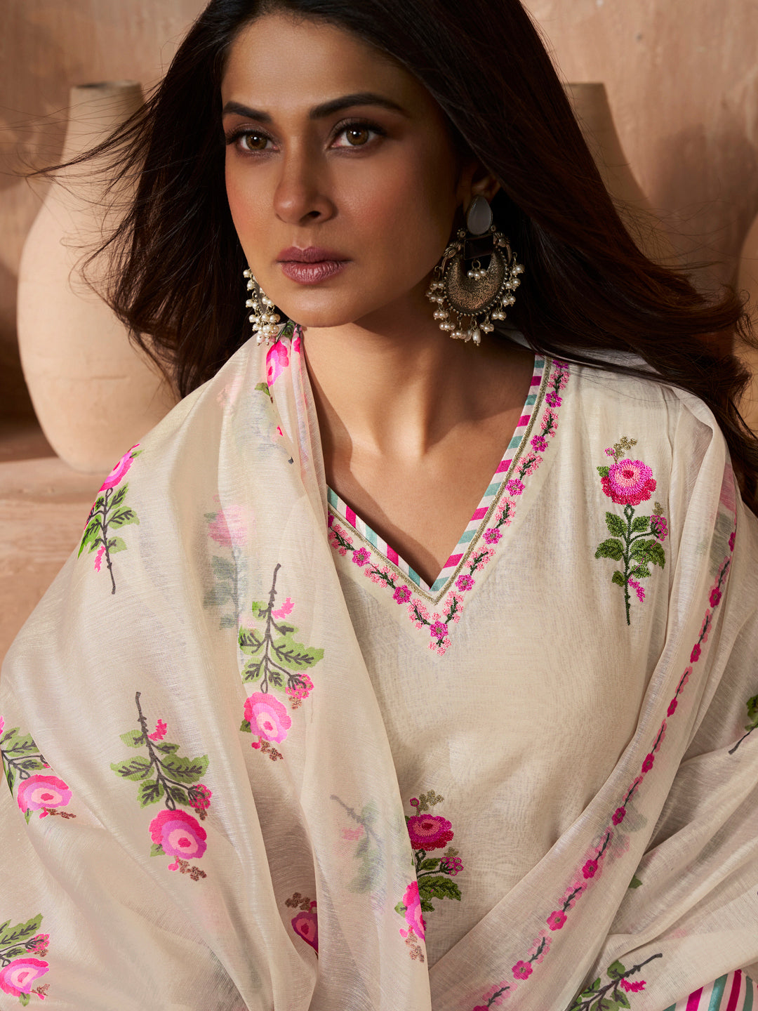 Bhama Couture Off White Rose Embroidery Straight Kurta Set with Printed Dupatta For Women