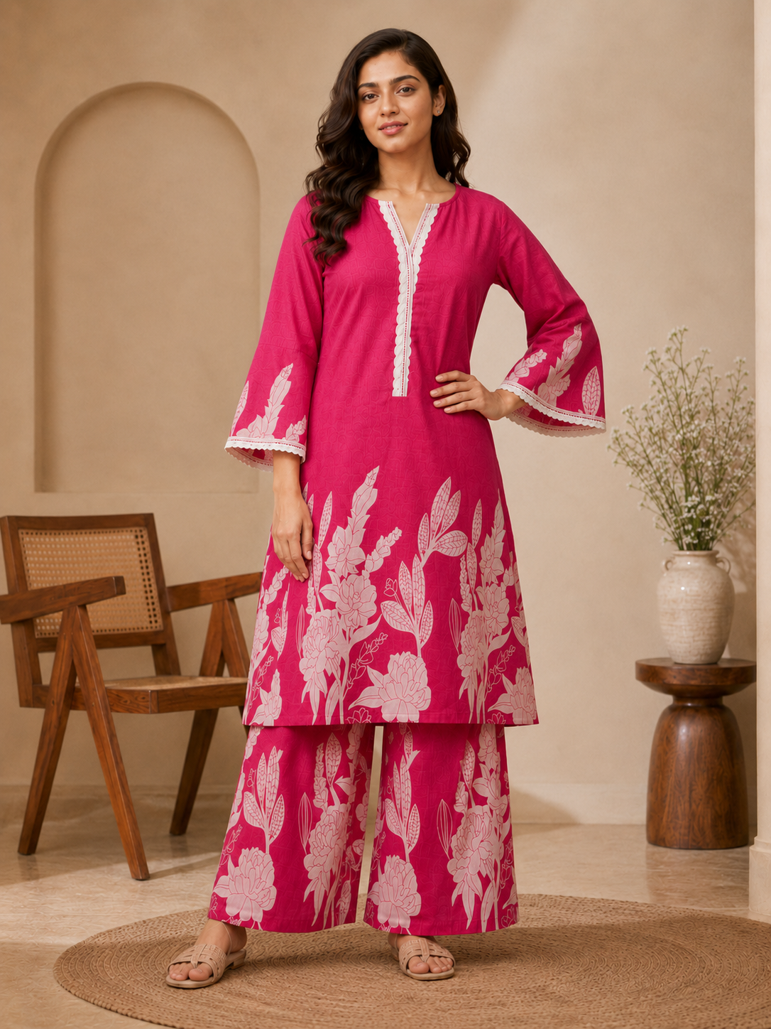 Bhama Couture Pink Printed Cotton Straight Kurta Set.