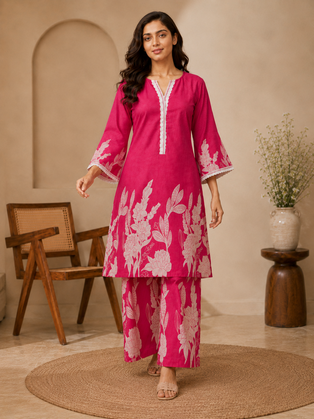 Bhama Couture Pink Printed Cotton Straight Kurta Set.