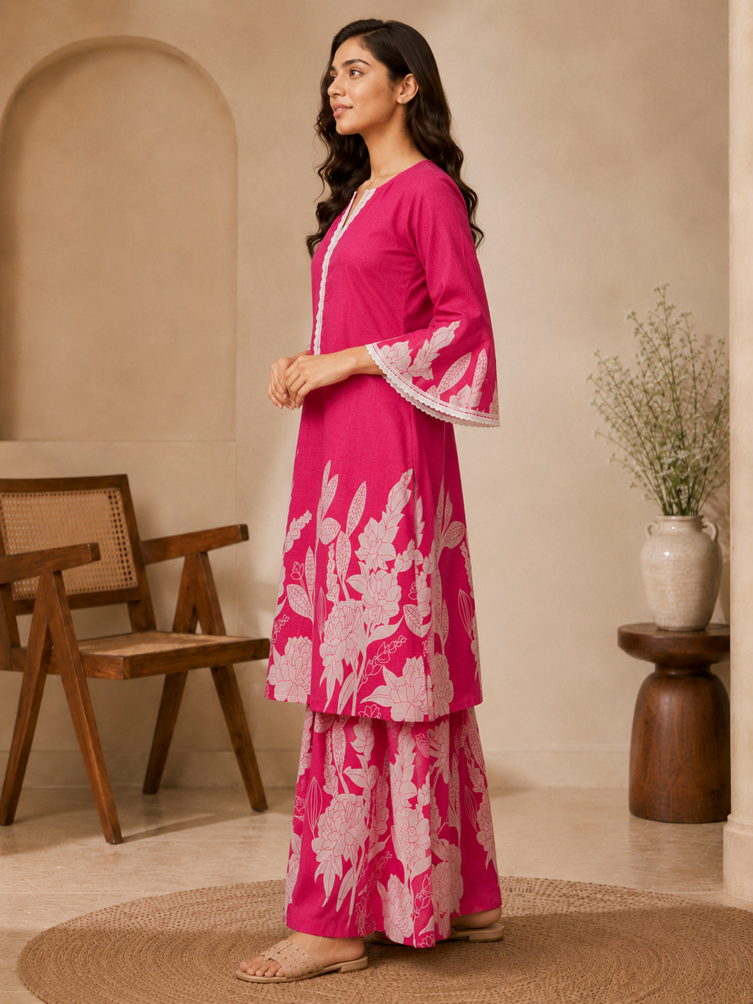 Bhama Couture Pink Printed Cotton Straight Kurta Set.