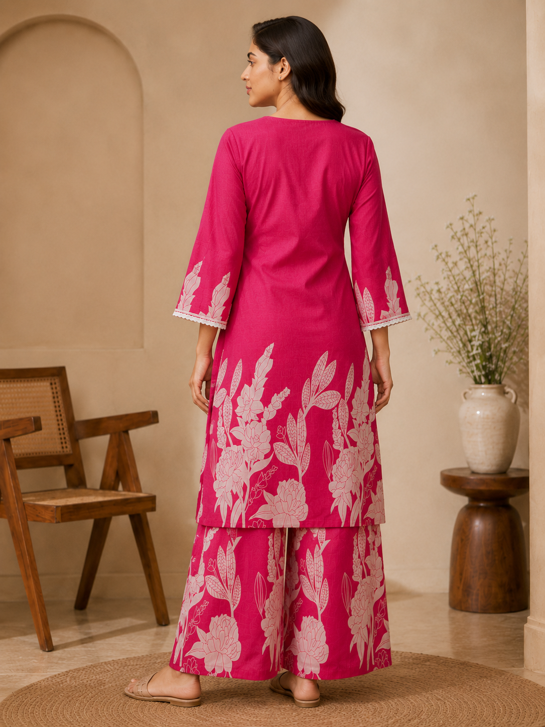 Bhama Couture Pink Printed Cotton Straight Kurta Set.