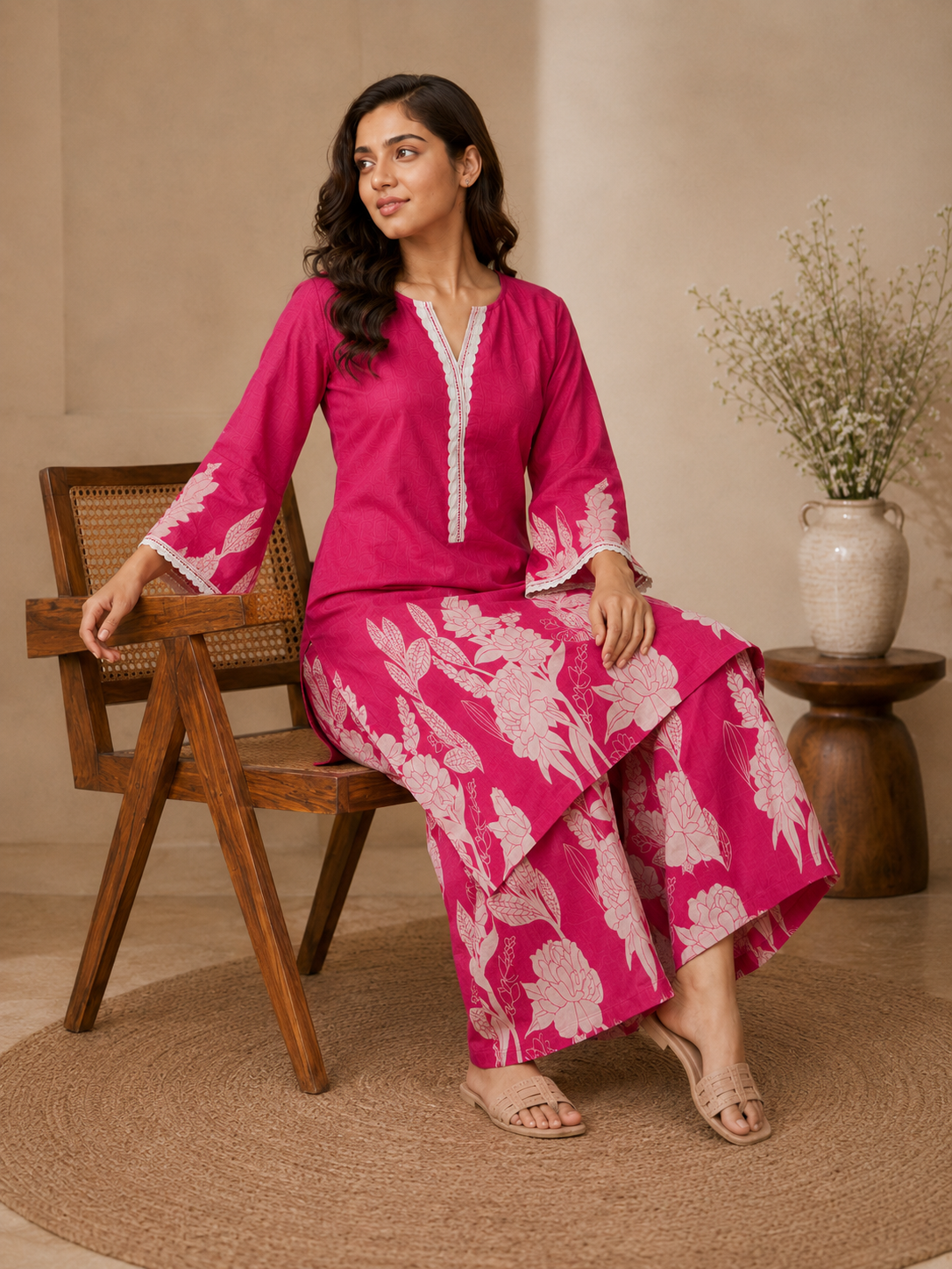 Bhama Couture Pink Printed Cotton Straight Kurta Set.
