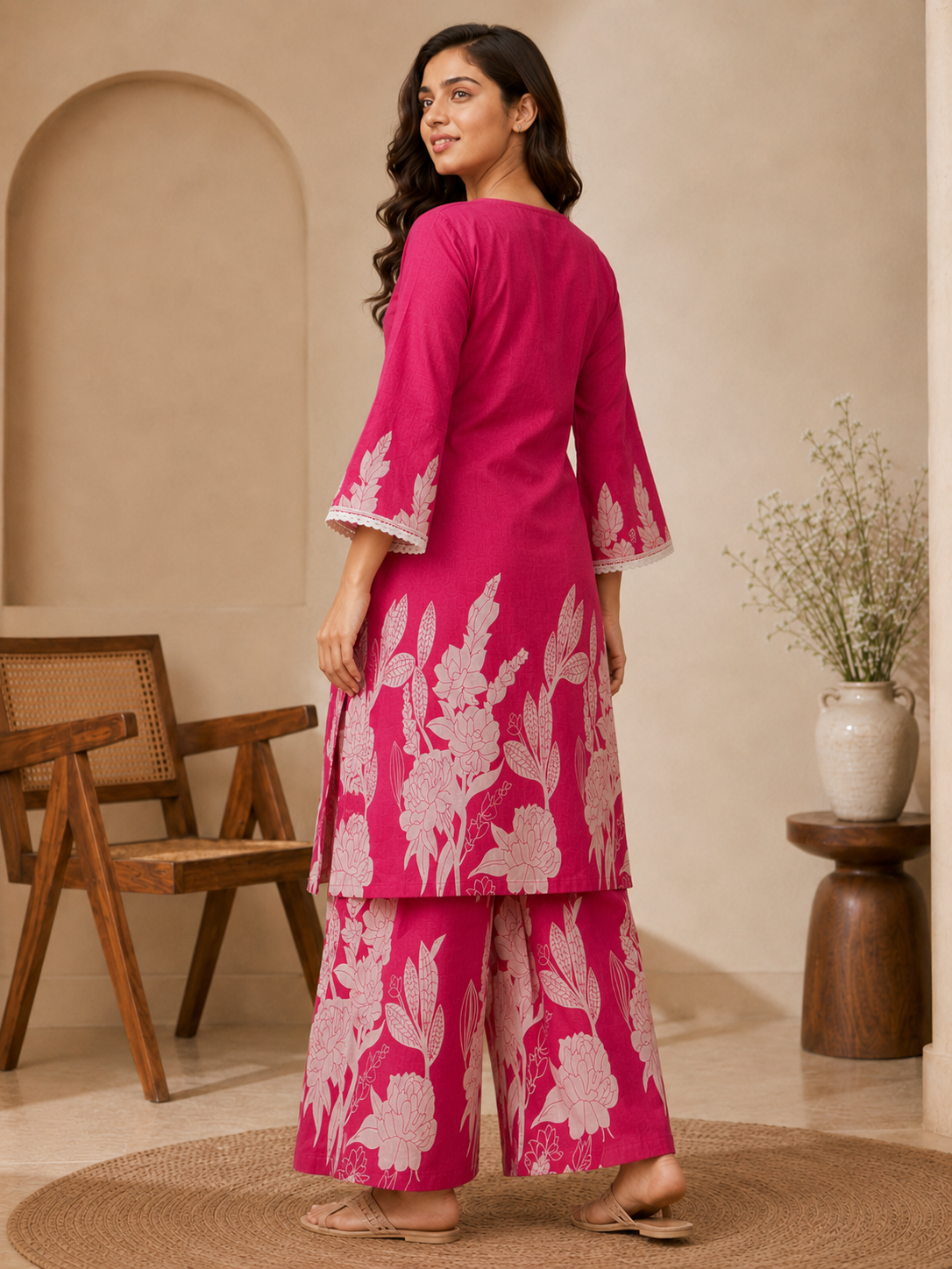 Bhama Couture Pink Printed Cotton Straight Kurta Set.