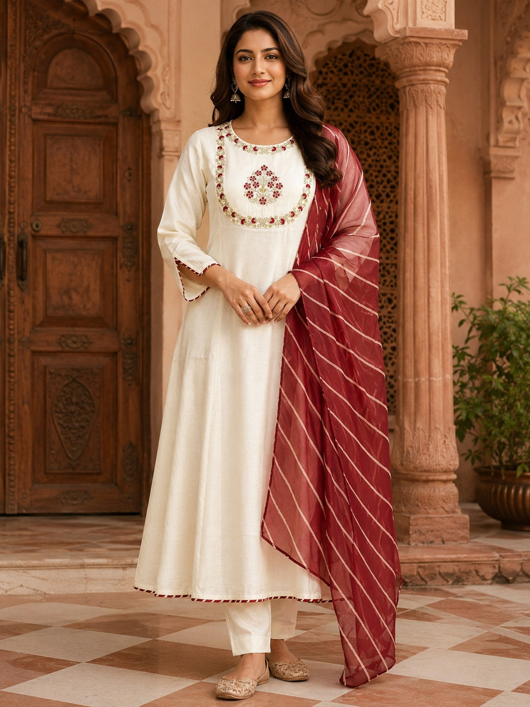 Off White Yoke Embroidery Kurta Set With Lehriya Dupatta