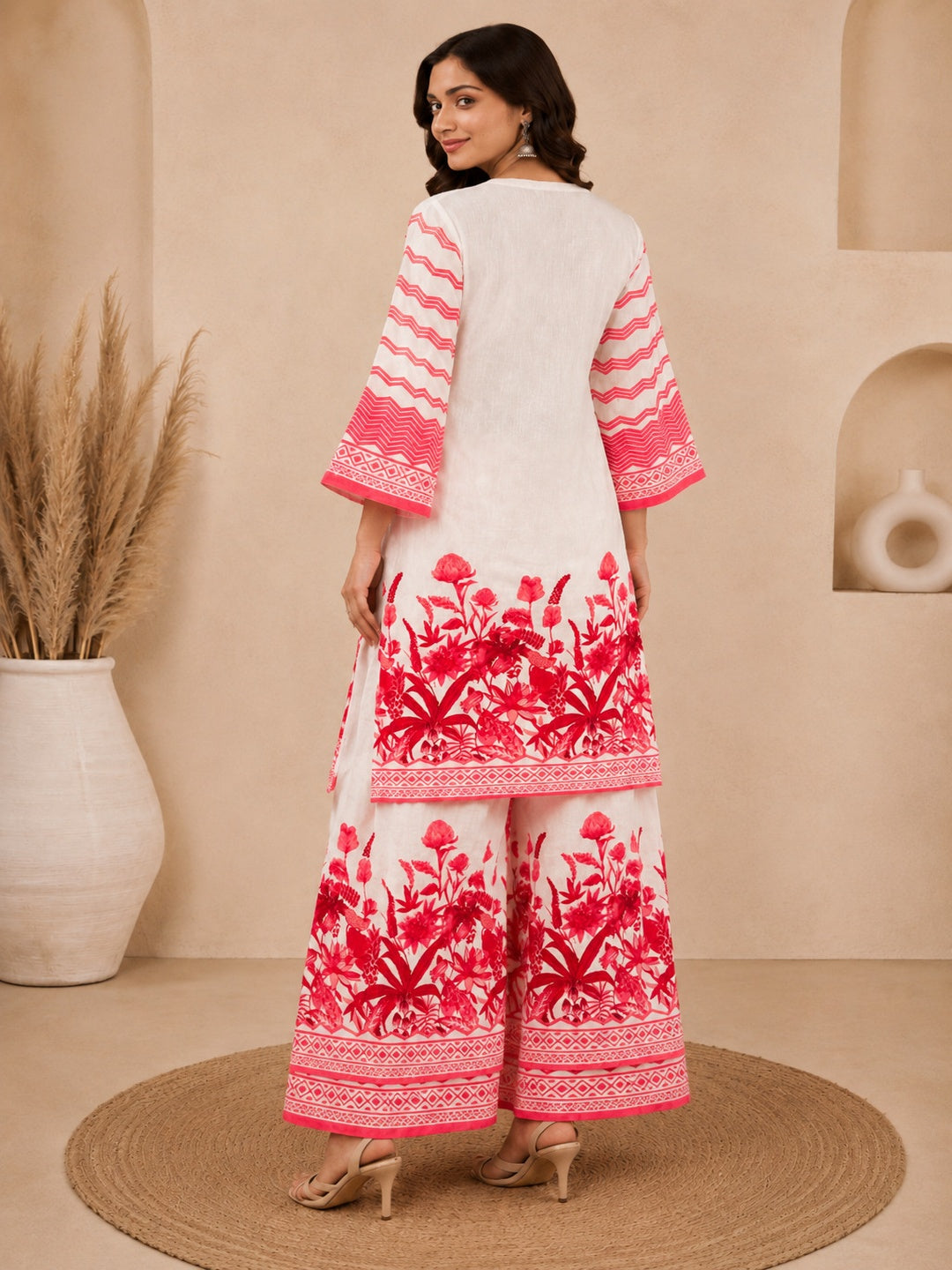 Bhama Couture Off White Printed Cotton Straight Kurta Set.