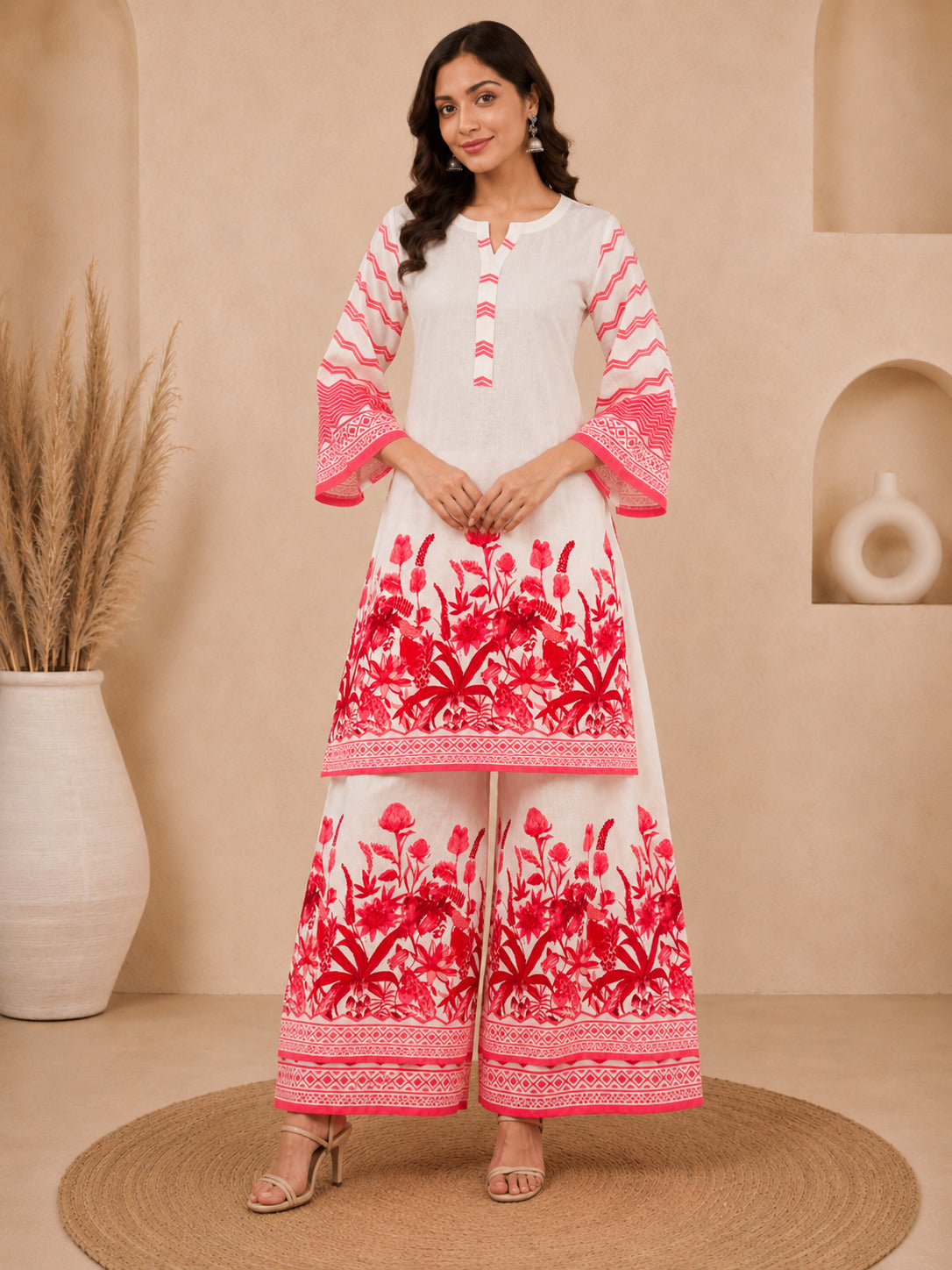 Bhama Couture Off White Printed Cotton Straight Kurta Set.