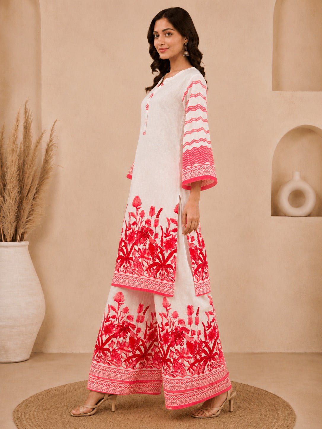 Bhama Couture Off White Printed Cotton Straight Kurta Set.