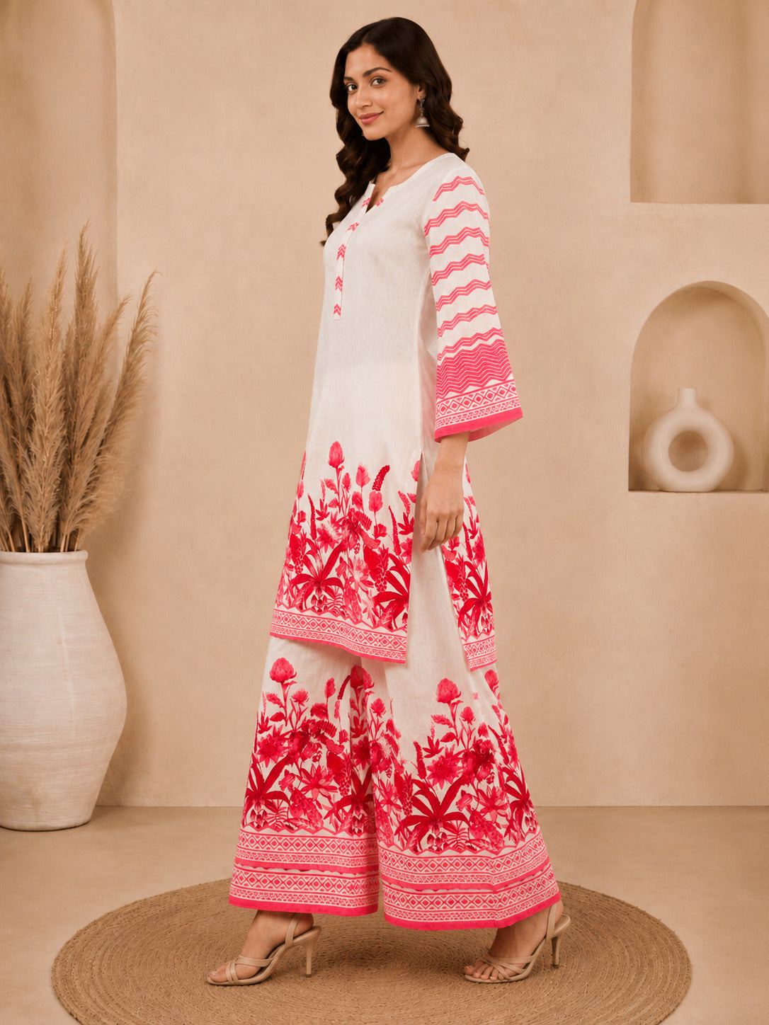 Bhama Couture Off White Printed Cotton Straight Kurta Set.