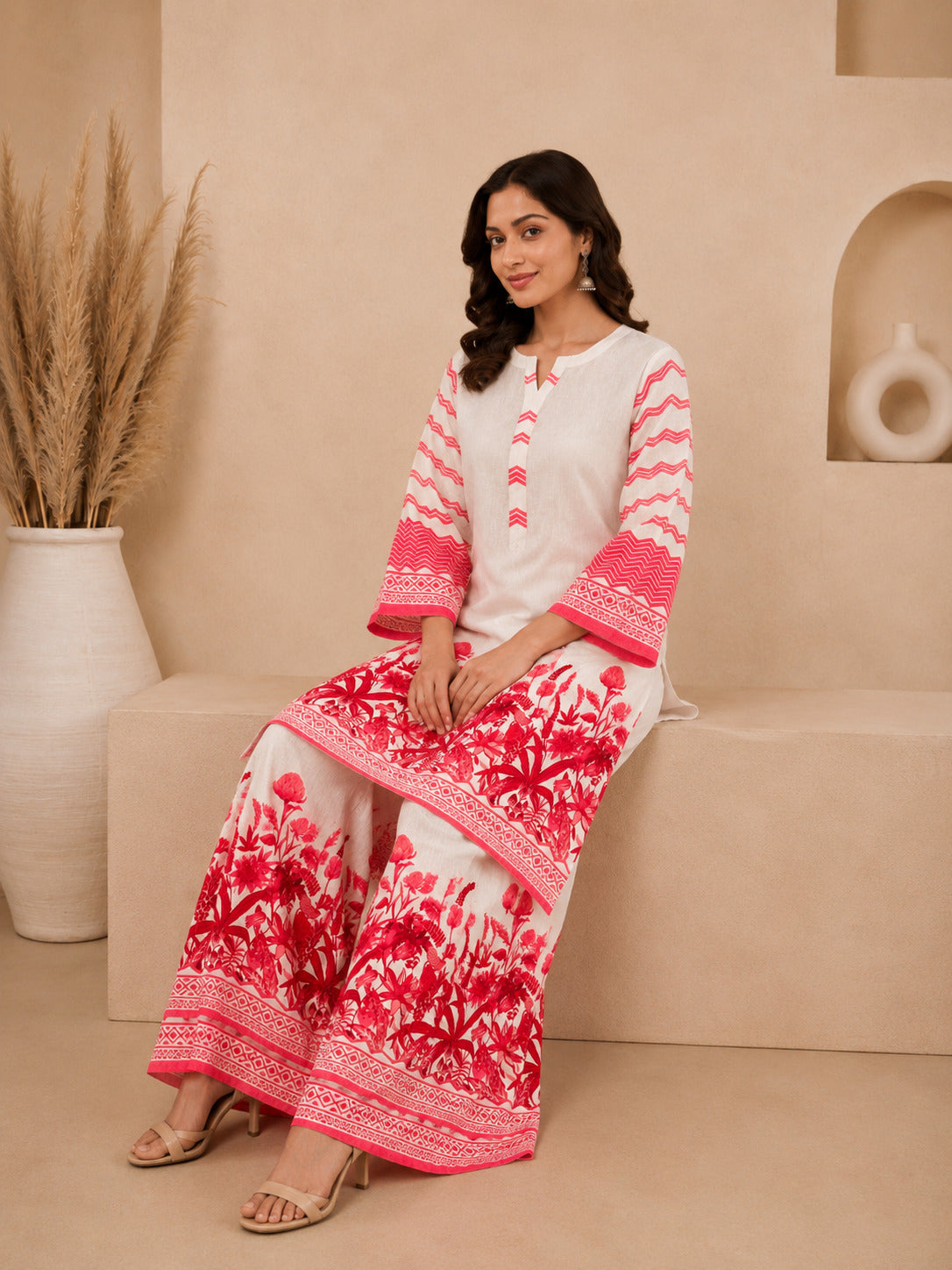 Bhama Couture Off White Printed Cotton Straight Kurta Set.