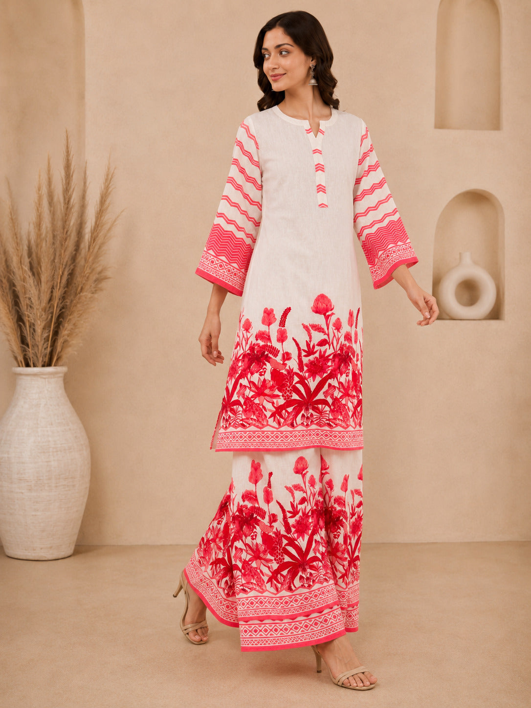 Bhama Couture Off White Printed Cotton Straight Kurta Set.