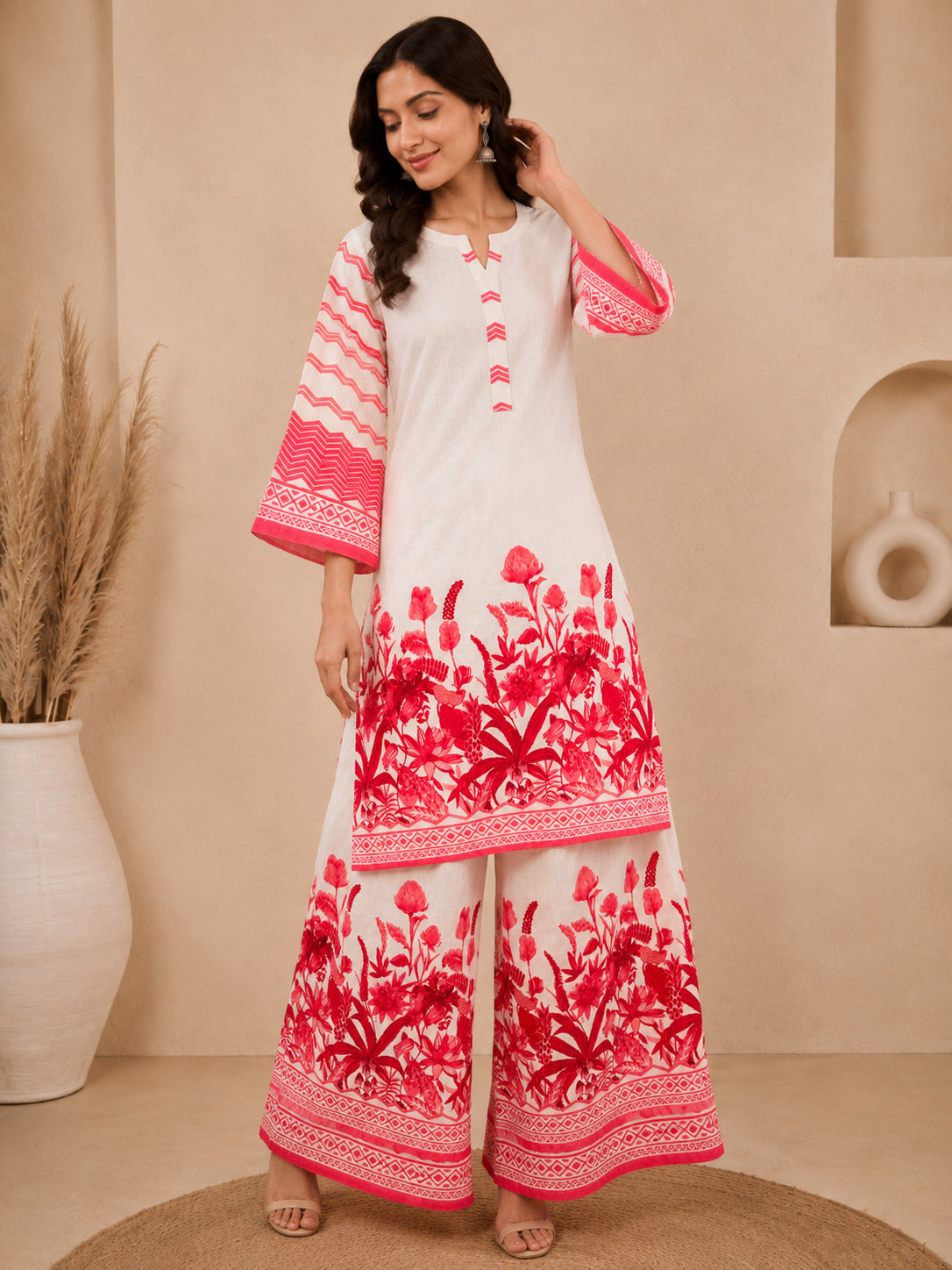 Bhama Couture Off White Printed Cotton Straight Kurta Set.