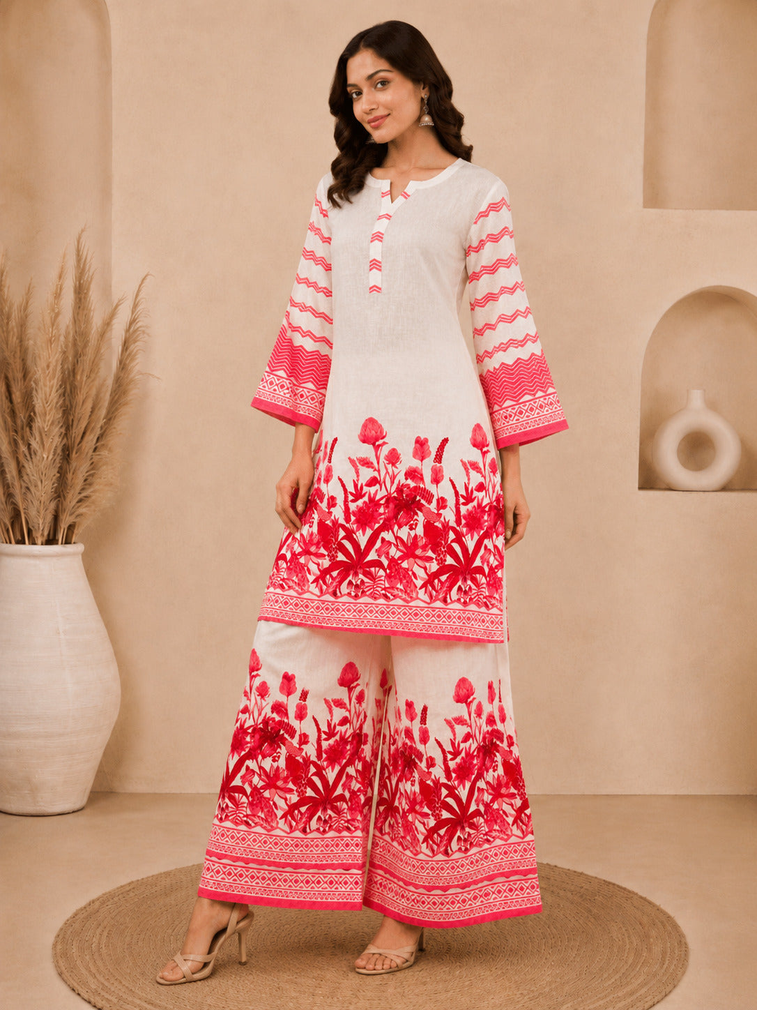 Bhama Couture Off White Printed Cotton Straight Kurta Set.
