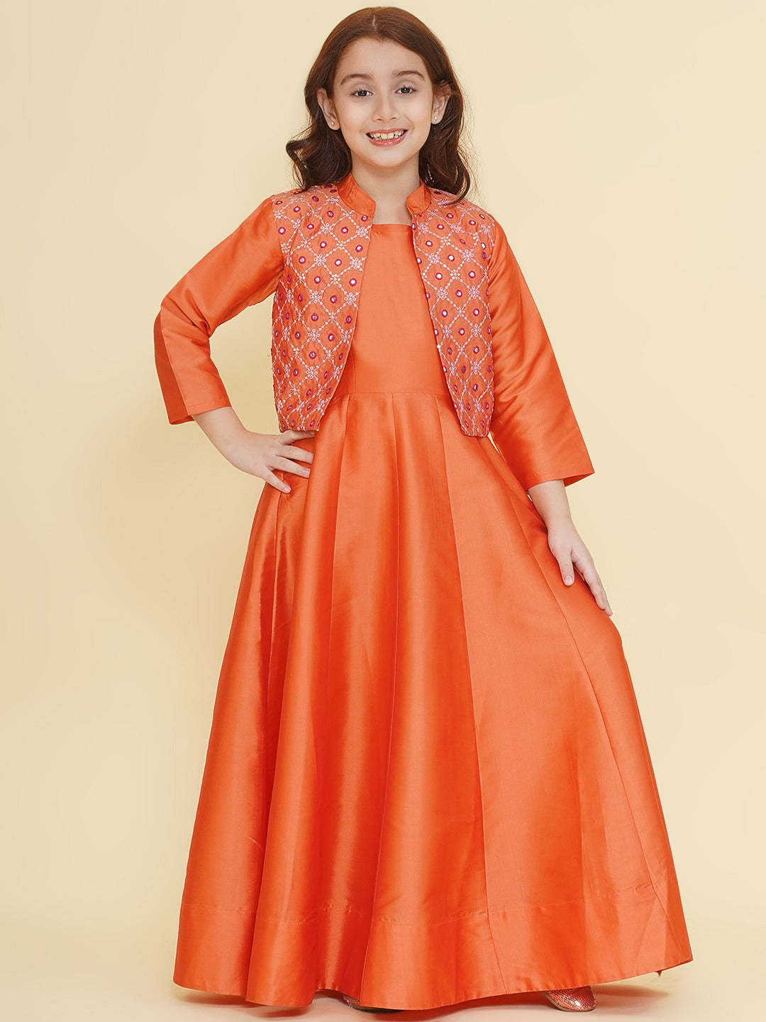 Bitiya by Bhama Girls Orange Embroidery Jacket with Maxi Dress.