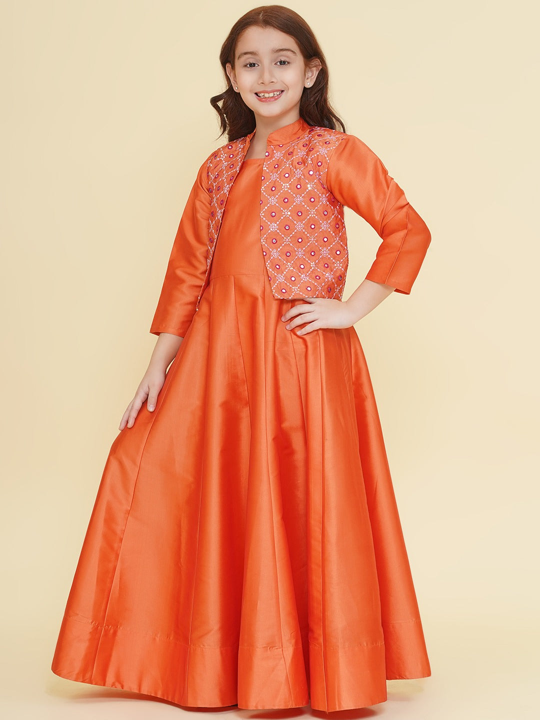 Bitiya by Bhama Girls Orange Embroidery Jacket with Maxi Dress.
