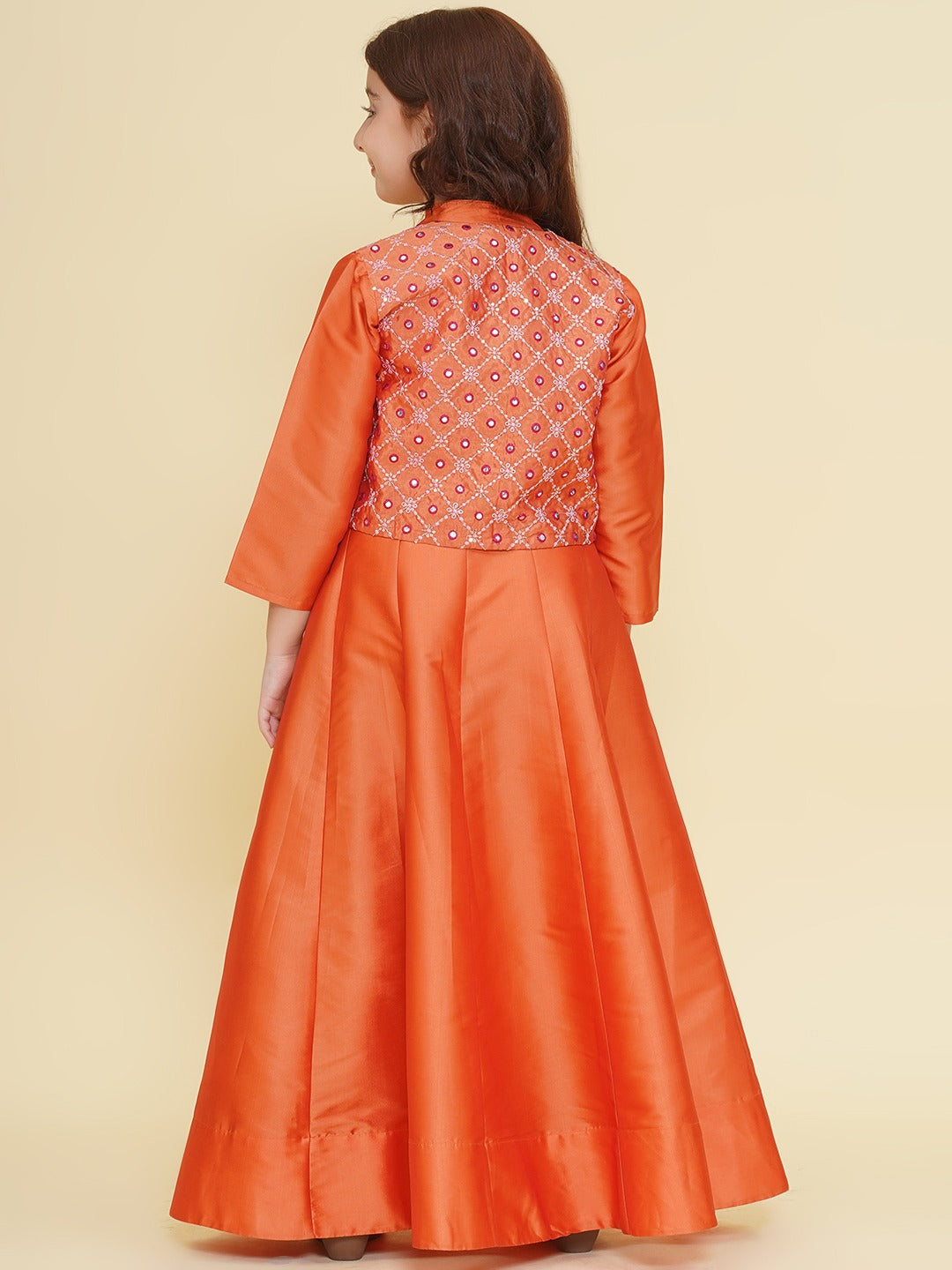 Bitiya by Bhama Girls Orange Embroidery Jacket with Maxi Dress.