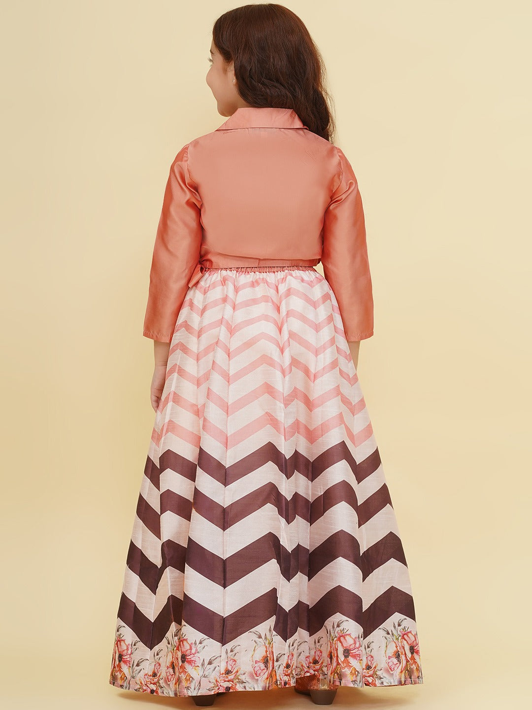 Bitiya by Bhama Girls Peach & Brown Zig Zag Flower Digital Print Choli Ready to wear Lehenga