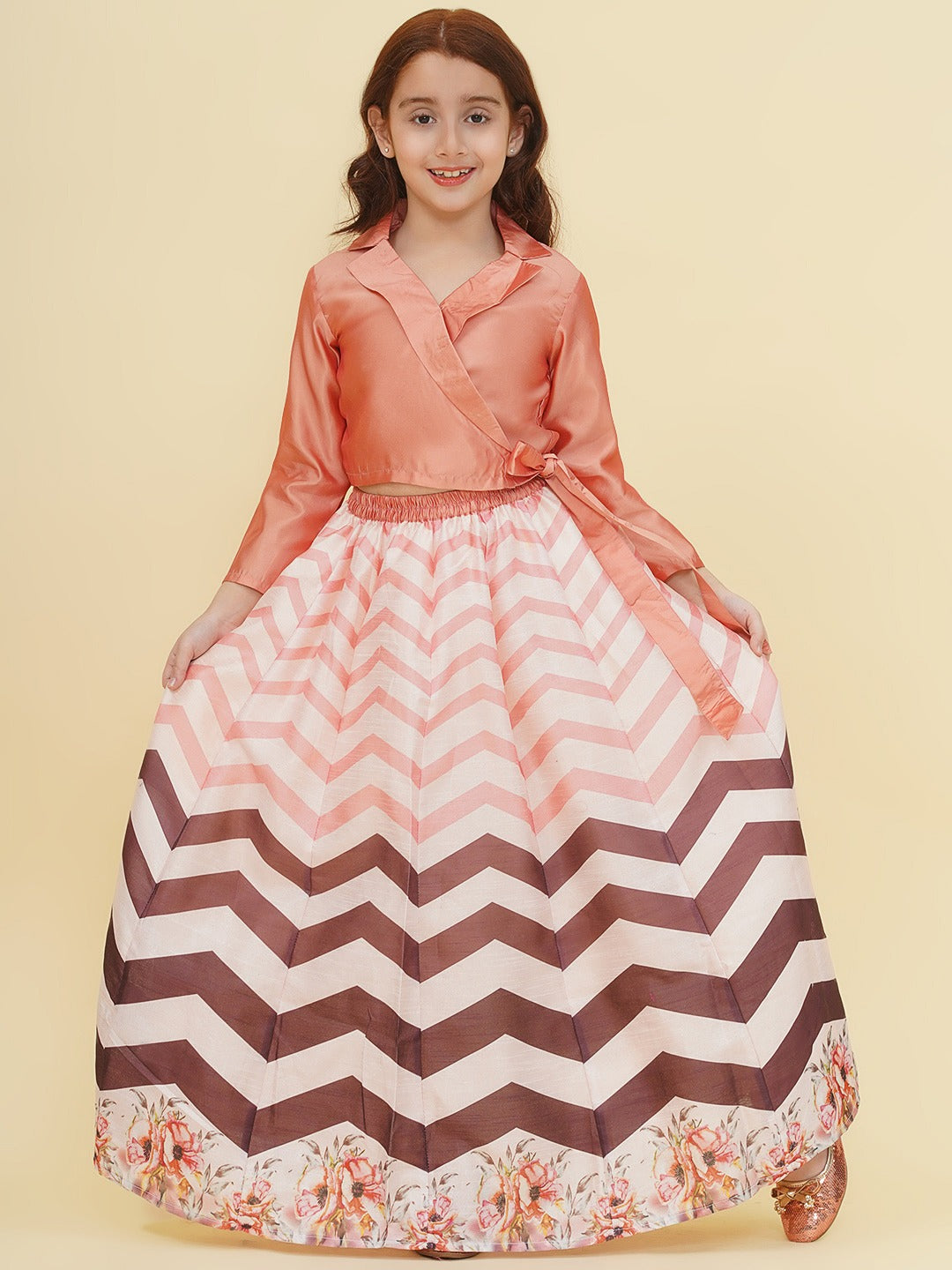 Bitiya by Bhama Girls Peach & Brown Zig Zag Flower Digital Print Choli Ready to wear Lehenga