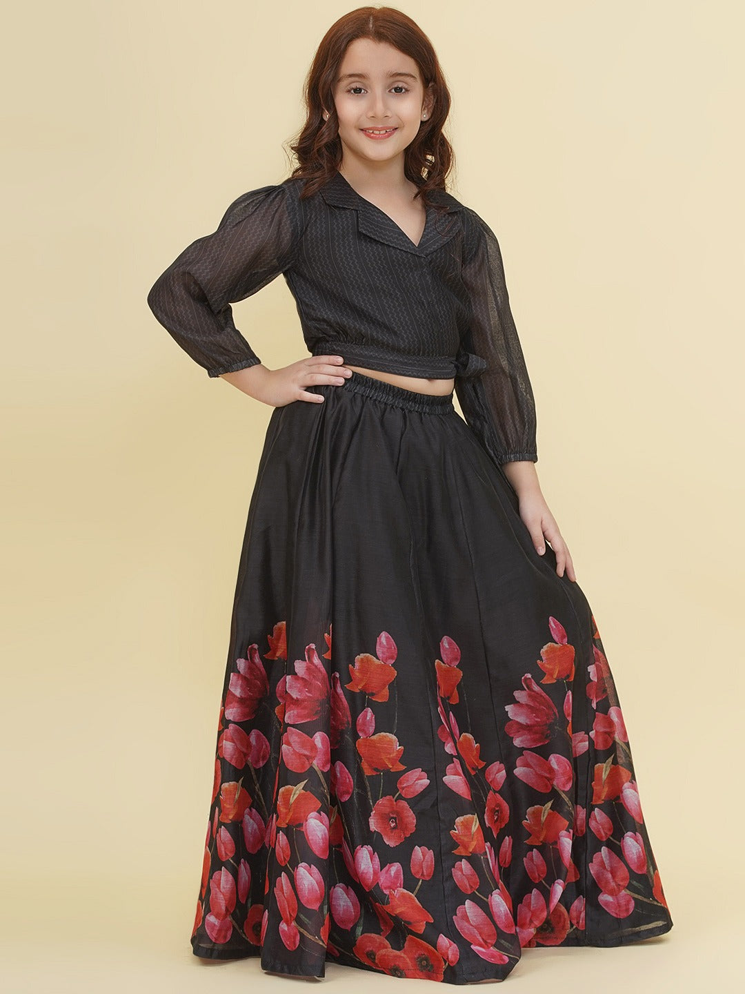 Bitiya by Bhama Girls Indo-Western Black & Pink Digital Printed Choli Ready to wear Lehenga