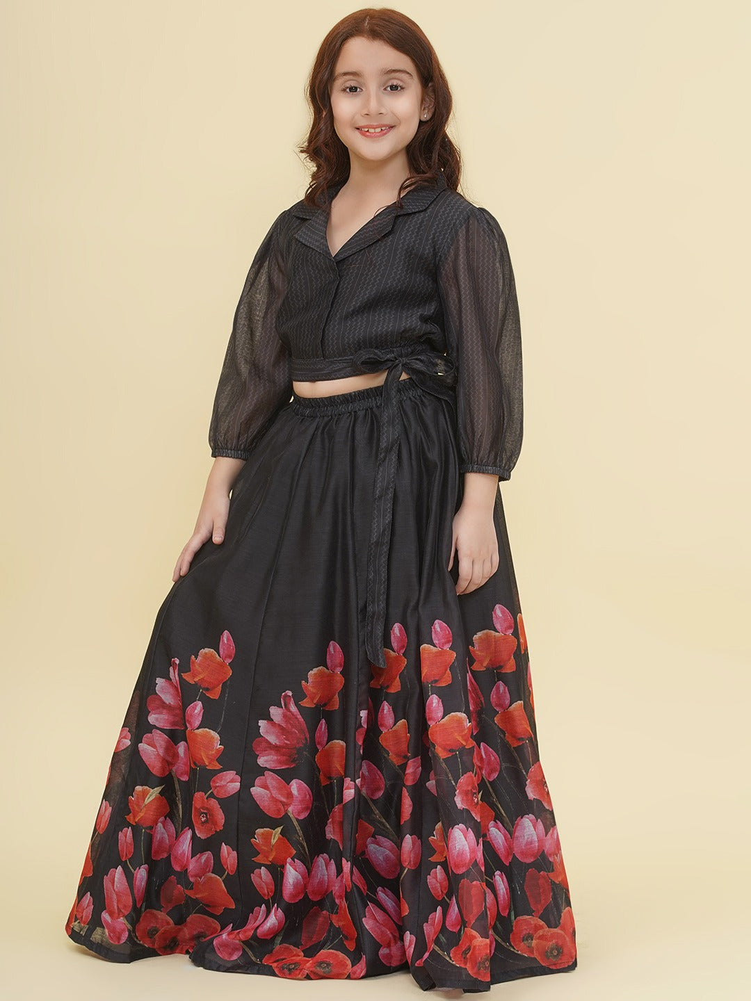 Bitiya by Bhama Girls Indo-Western Black & Pink Digital Printed Choli Ready to wear Lehenga