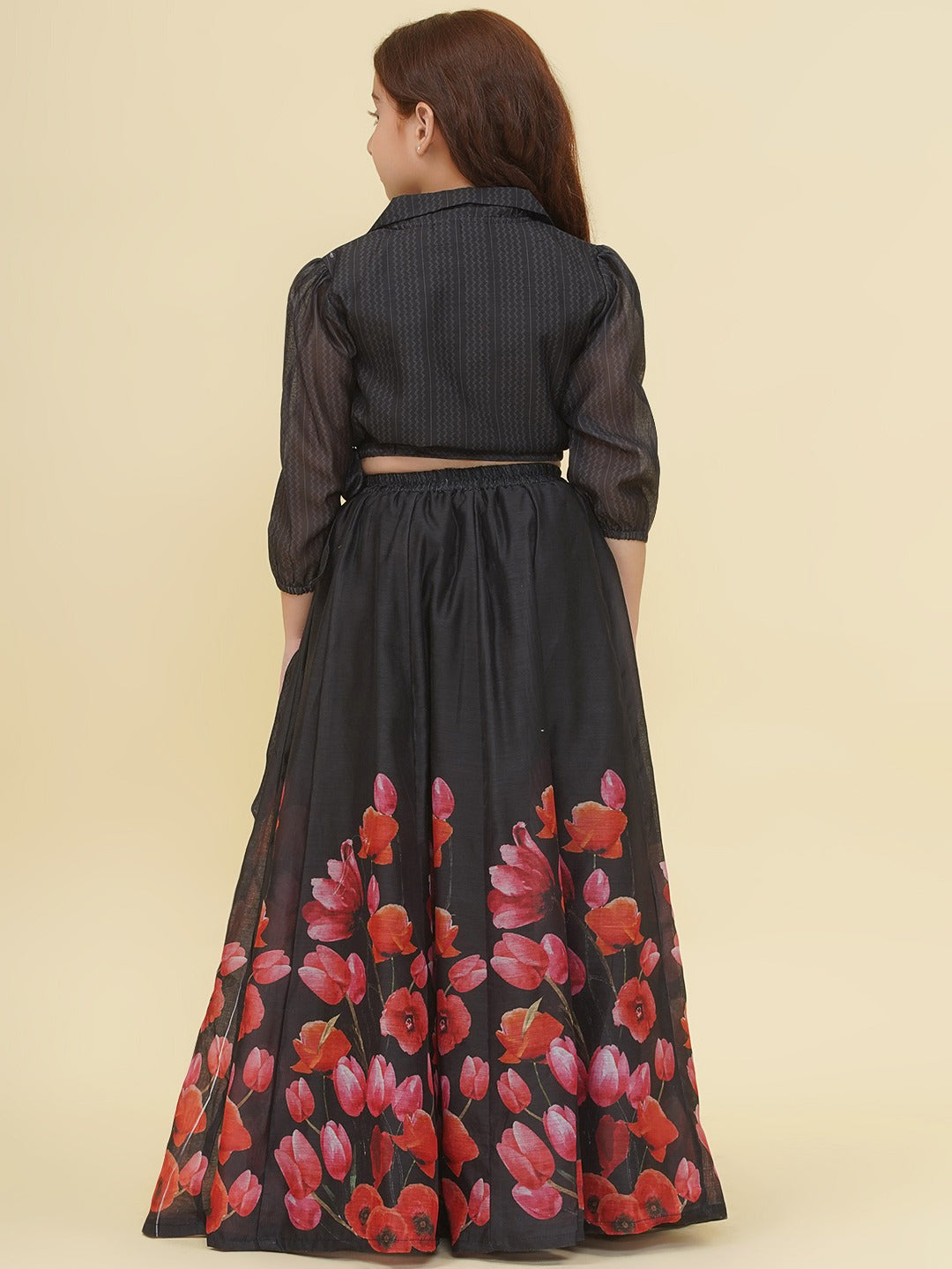 Bitiya by Bhama Girls Indo-Western Black & Pink Digital Printed Choli Ready to wear Lehenga