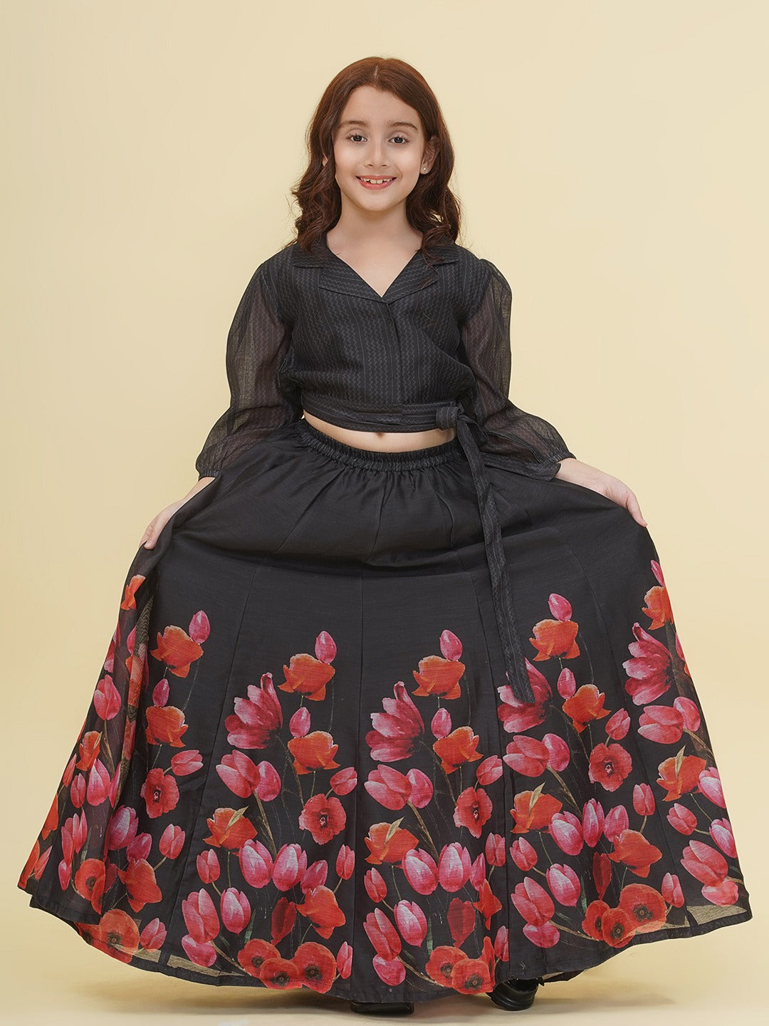Bitiya by Bhama Girls Indo-Western Black & Pink Digital Printed Choli Ready to wear Lehenga