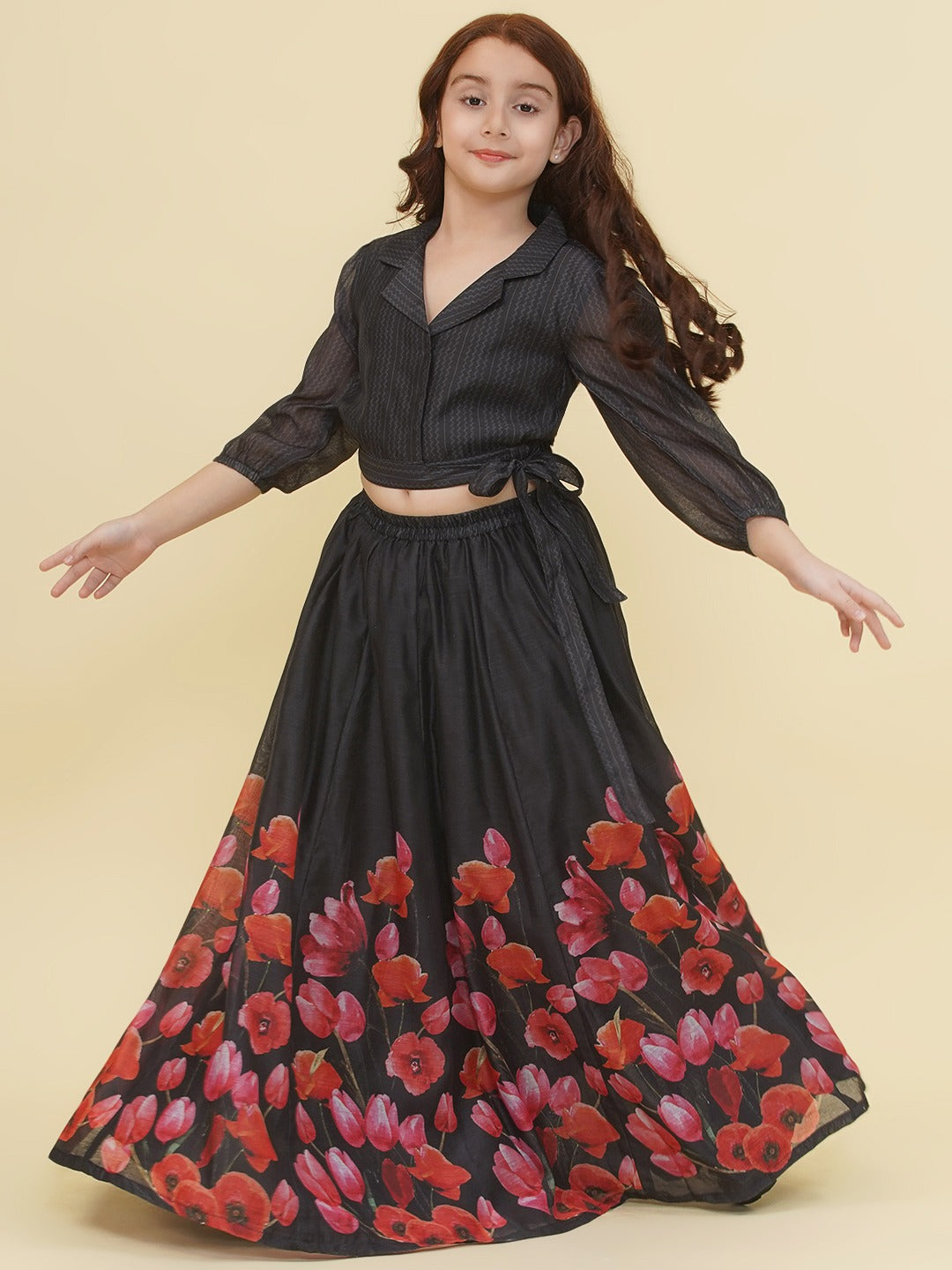 Bitiya by Bhama Girls Indo-Western Black & Pink Digital Printed Choli Ready to wear Lehenga