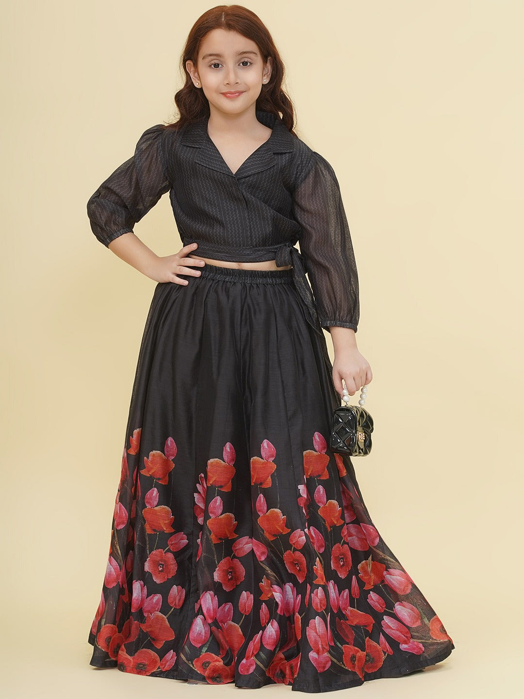 Bitiya by Bhama Girls Indo-Western Black & Pink Digital Printed Choli Ready to wear Lehenga
