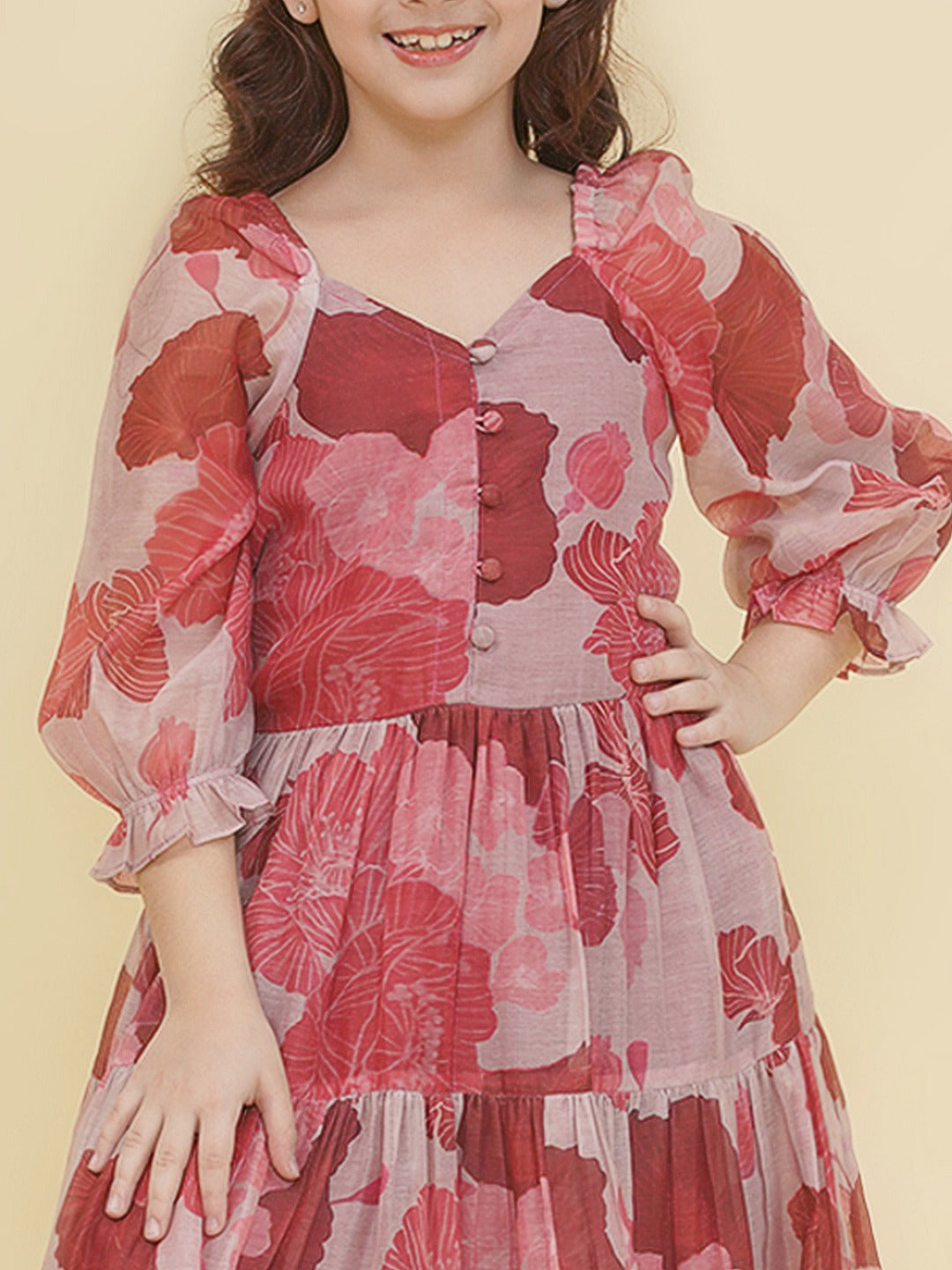 Bitiya by Bhama Girls Maroon & white Digital Print Maxi Dress.