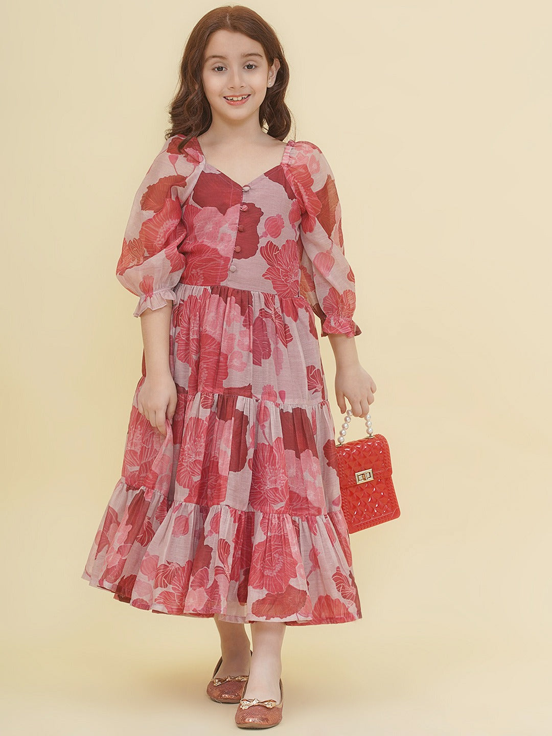 Bitiya by Bhama Girls Maroon & white Digital Print Maxi Dress.