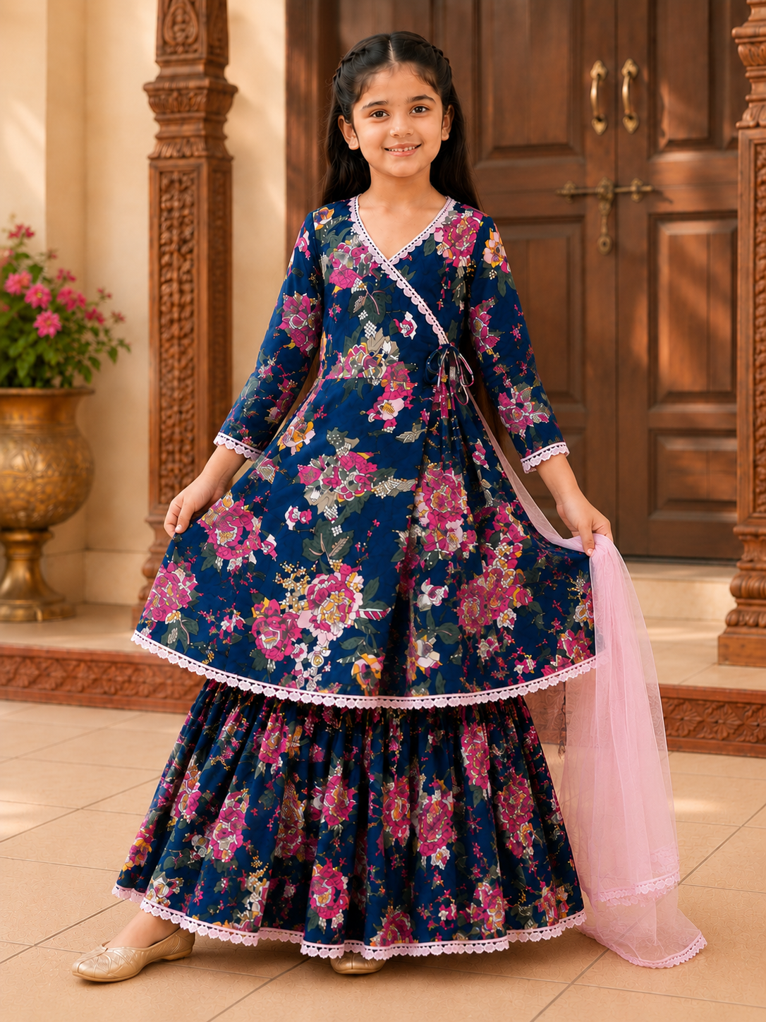 Bitiya By Bhama Girls Blue Floral printed Kurta With  Sharara And Pink Dupatta.