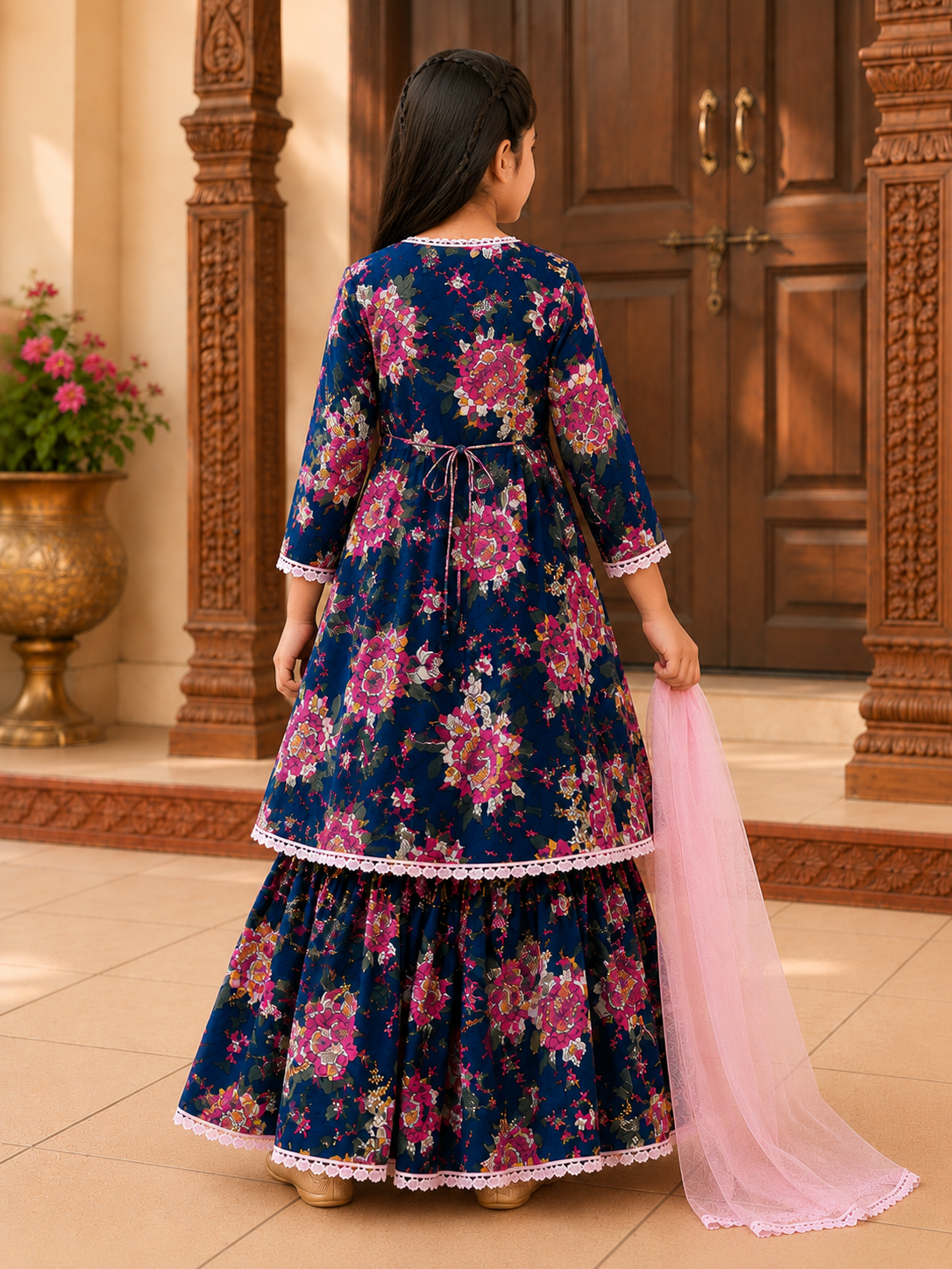 Bitiya By Bhama Girls Blue Floral printed Kurta With  Sharara And Pink Dupatta.