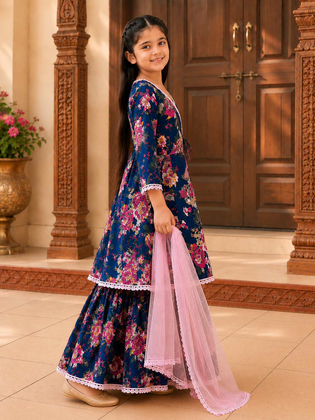 Bitiya By Bhama Girls Blue Floral printed Kurta With  Sharara And Pink Dupatta.