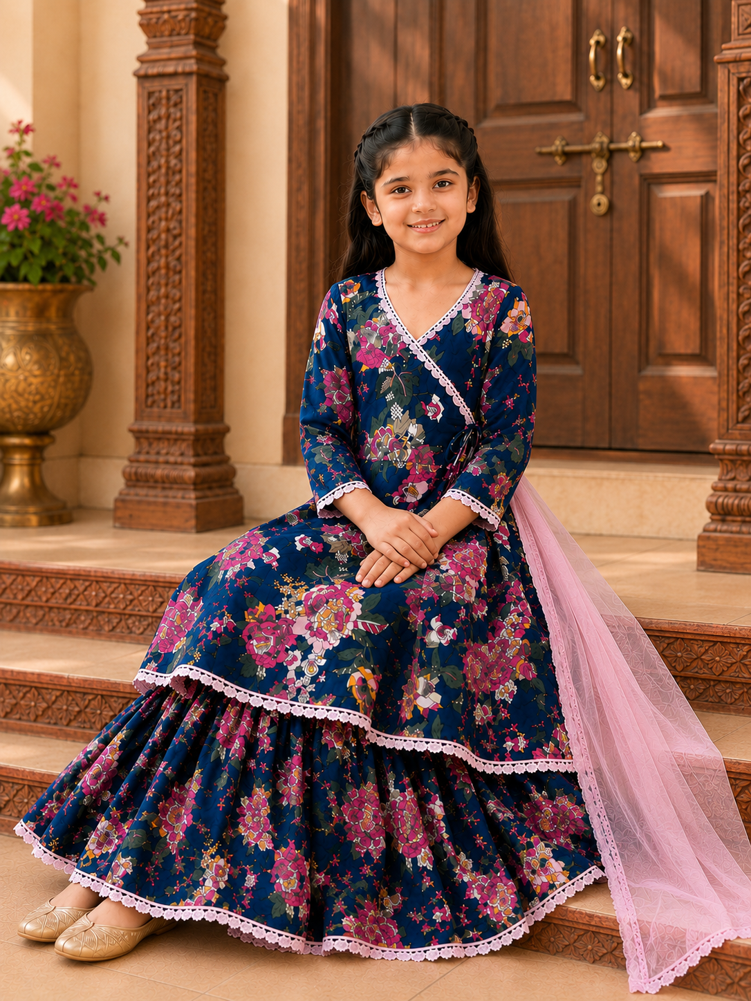 Bitiya By Bhama Girls Blue Floral printed Kurta With  Sharara And Pink Dupatta.