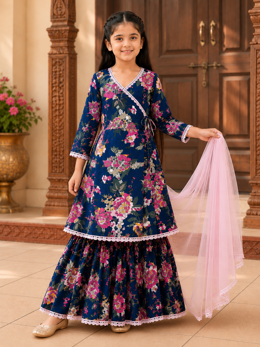 Bitiya By Bhama Girls Blue Floral printed Kurta With  Sharara And Pink Dupatta.