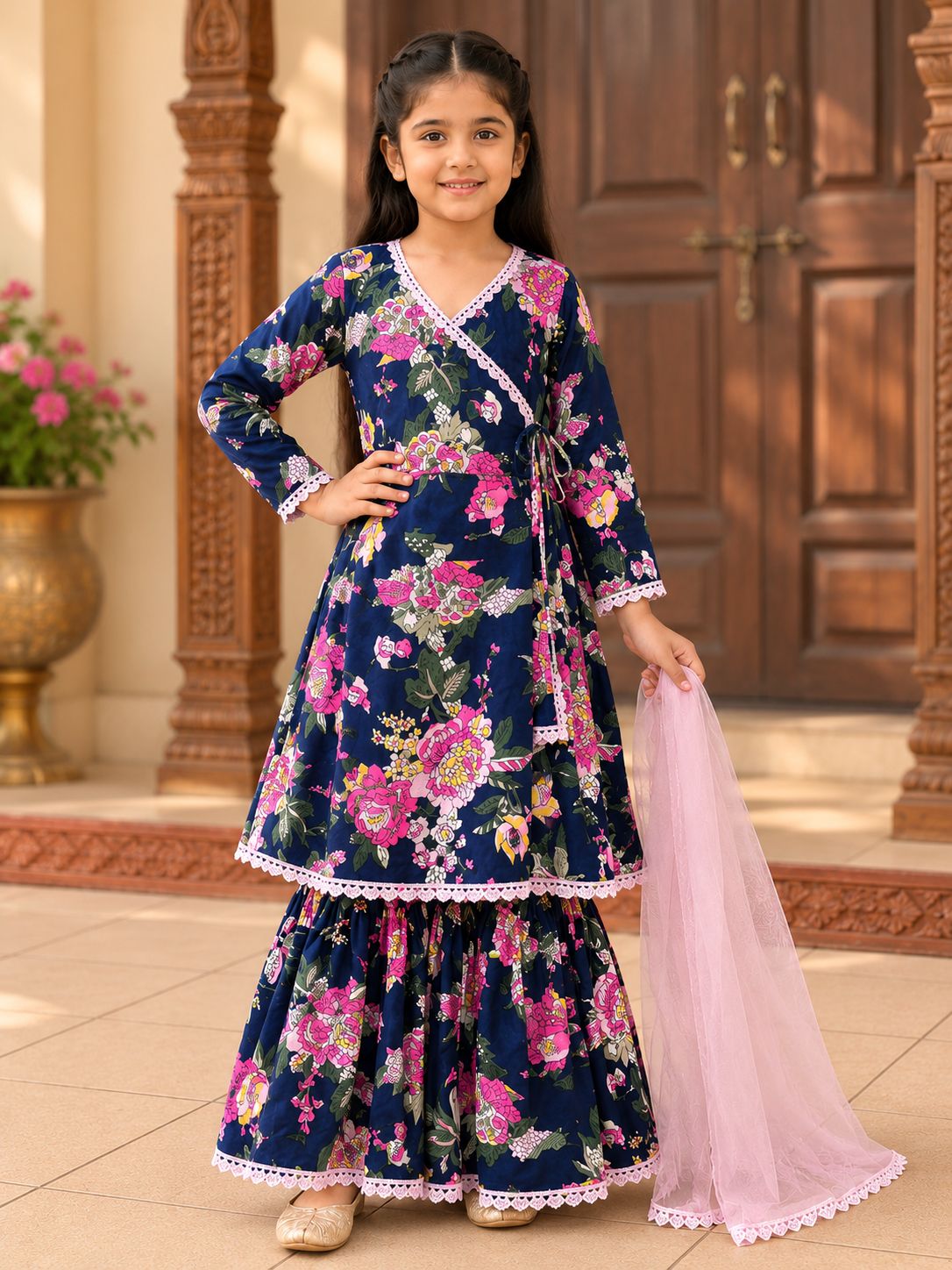 Bitiya By Bhama Girls Blue Floral printed Kurta With  Sharara And Pink Dupatta.