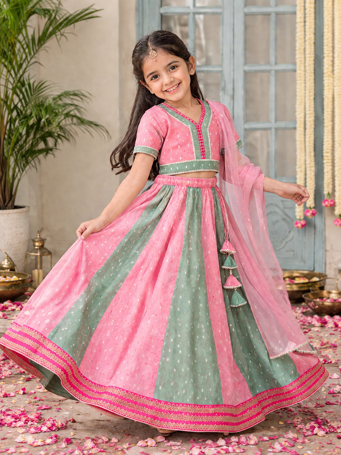 Bitiya by Bhama Girls Peach & Green Woven Design with Embroidered Patti Work Choli, Lehenga with Dupatta