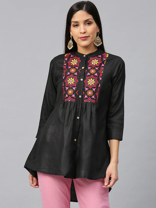Bhama Cuture Black & Pink Yoke Design Pure Cotton High-Low Tunic