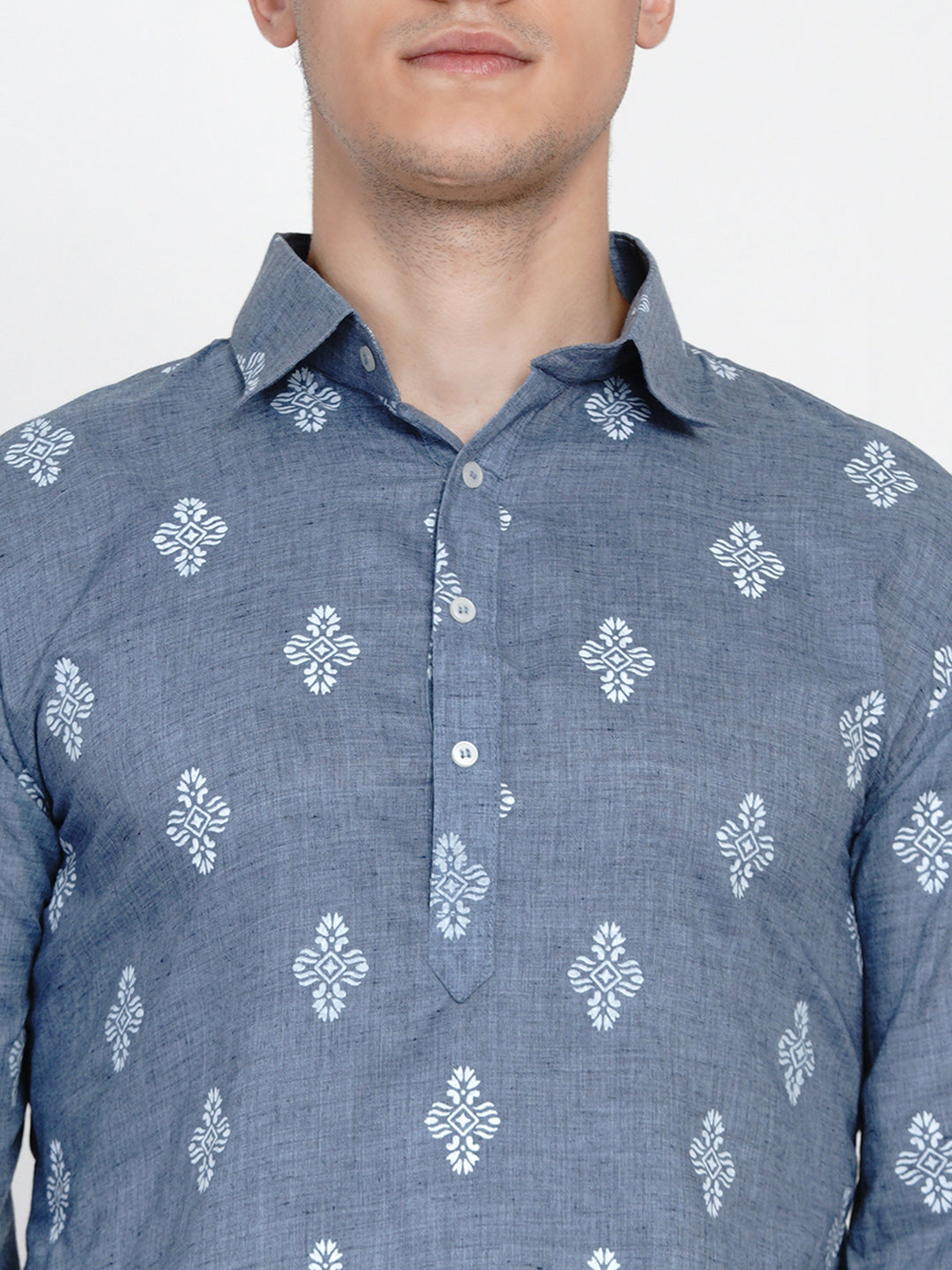 Men Blue Embroidered Pure Cotton Kurti with Pyjamas