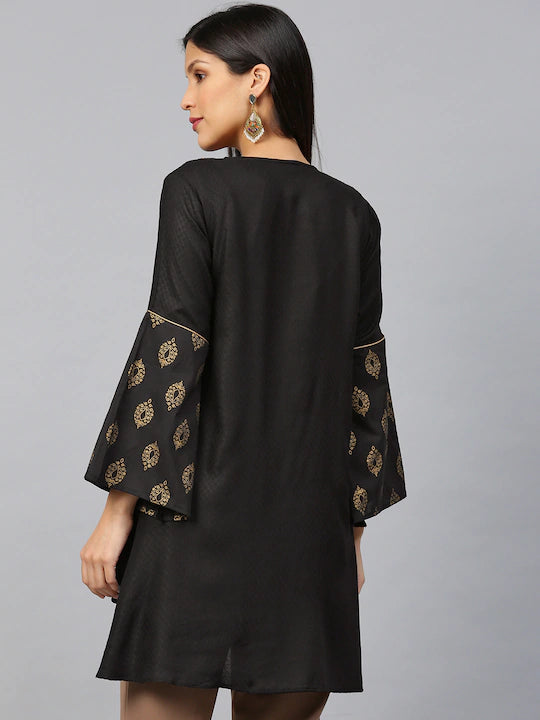 Bhama Cuture Black Self-Design A-Line High-Low Tunic