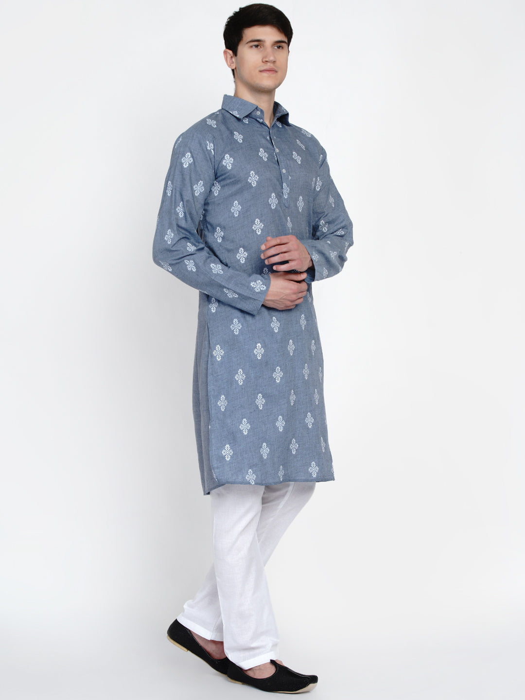 Men Blue Embroidered Pure Cotton Kurti with Pyjamas