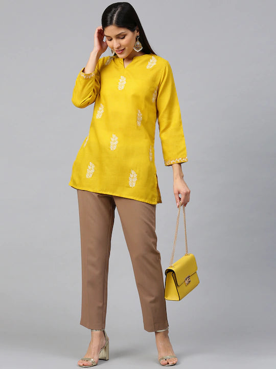 Bhama Couture Yellow & Off-White Embroidered Tunic