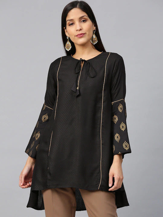 Bhama Cuture Black Self-Design A-Line High-Low Tunic